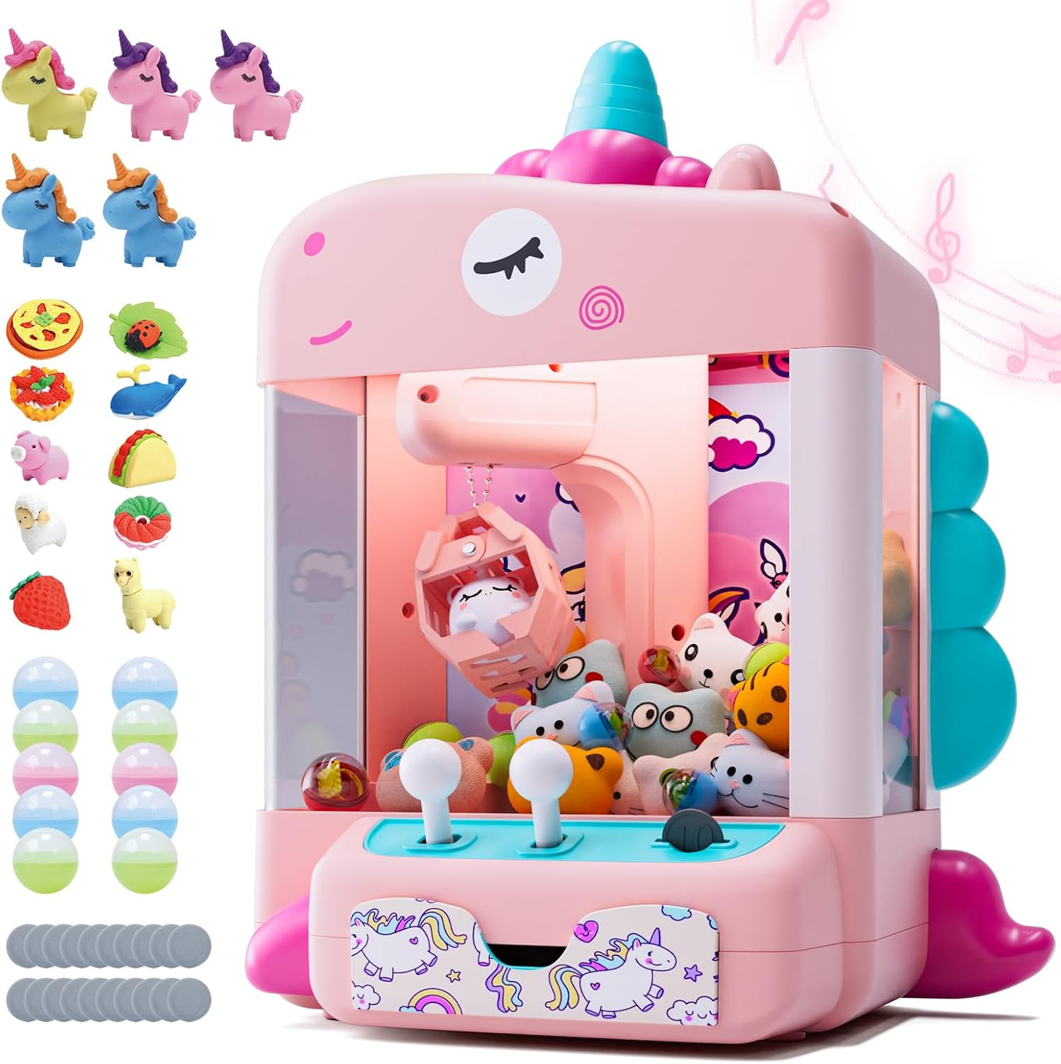 Skirfy Unicorns Claw Machine, Mini Vending Machine with Lights & Music, Adjustable Sound, Candy and Electronic Prize Dispenser, Includes 45 Toys, Candy and Birthday Gift for Kids Girls Ages 3 4 5 6 image number 5