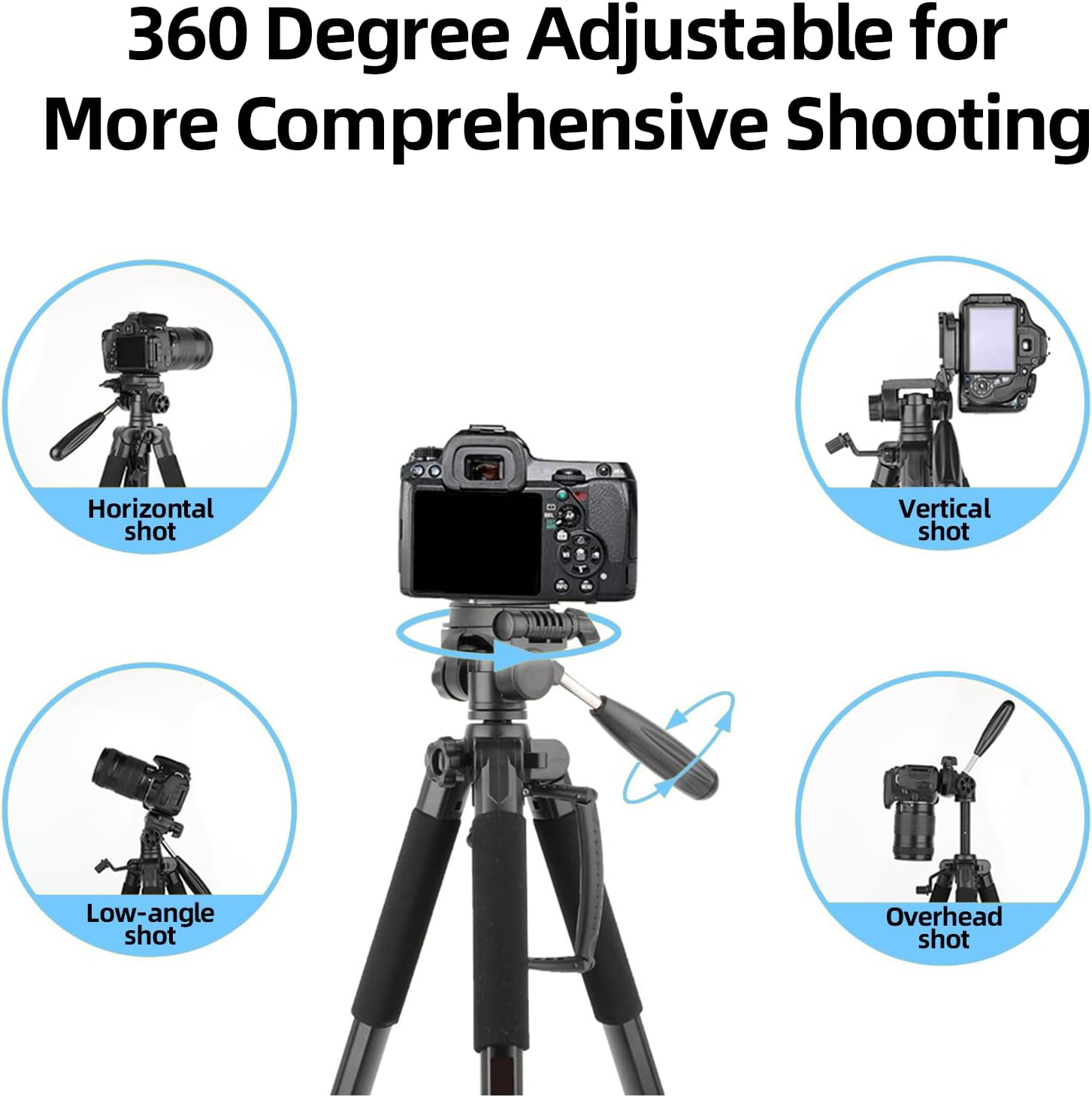 STEUGO 74"/188CM Camera Tripod Stand, Foldable Aluminum Tripod, 360&deg; Ball Head Detachable Camera Tripod, Spotting Scope Tripod with Carry Bag, Support Canon,Sony,Nikon,Dslr Camera, Cellphone (Black) image number 2