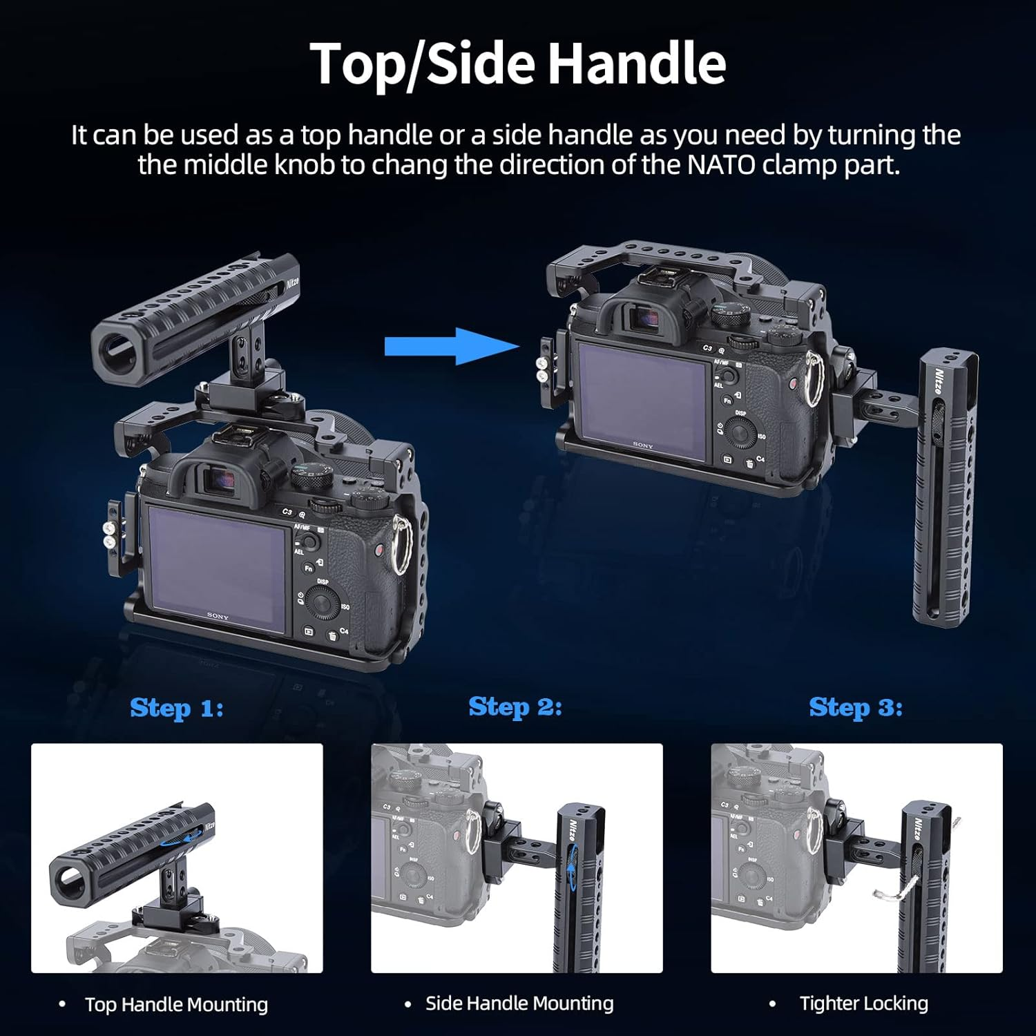 Nitze NATO Top Handle, NATO Handle with NATO Rail, Camera Top Handle, Adjustable Top Handle with Cold Shoe and Multiple Mounting Holes - PA17 image number 3
