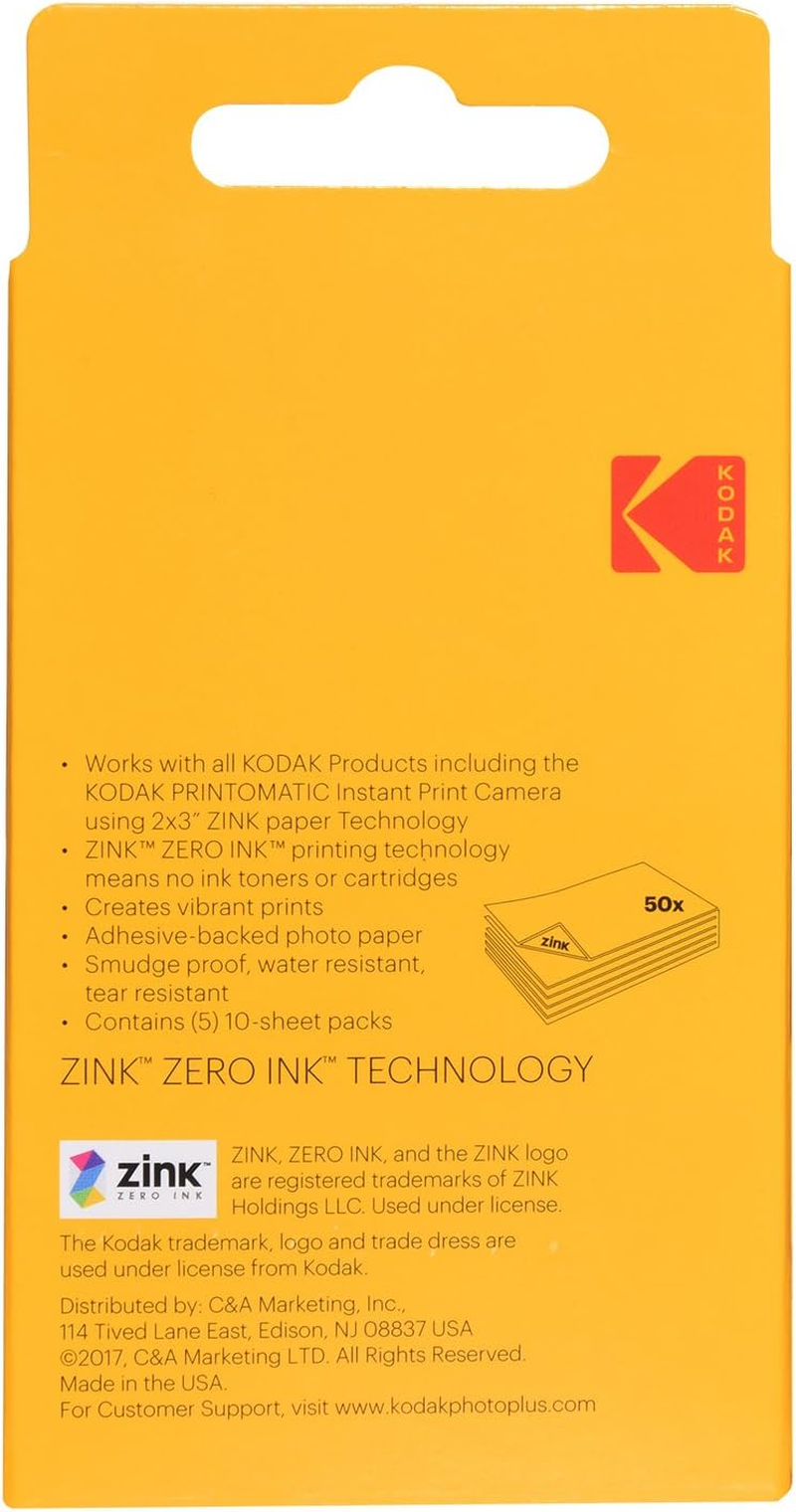 Kodak 2ʺX3ʺ Premium Zink Photo Paper (50 Sheets) Compatible with Kodak Smile and PRINTOMATIC (NOT with Kodak Mini Shot, Mini2)
