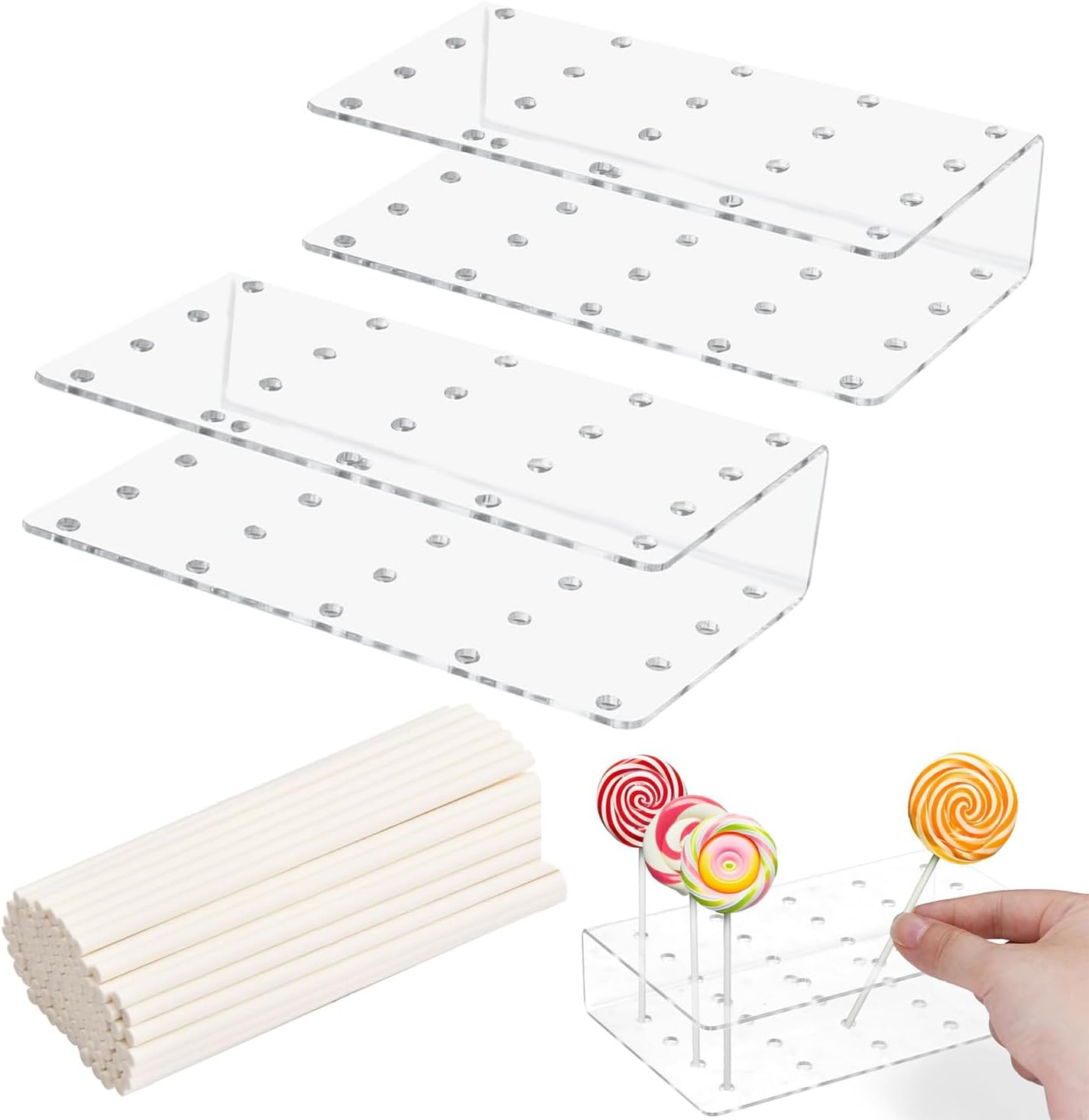 Yharnamite 2 Pcs Acrylic Lollipop Holder, 20 Hole Cake Pops Display Stand with 100 Lollipop Paper Sticks, Clear Lollipop Candy Holder Display Stand Tools for Weddings, Birthday, Party image number 4
