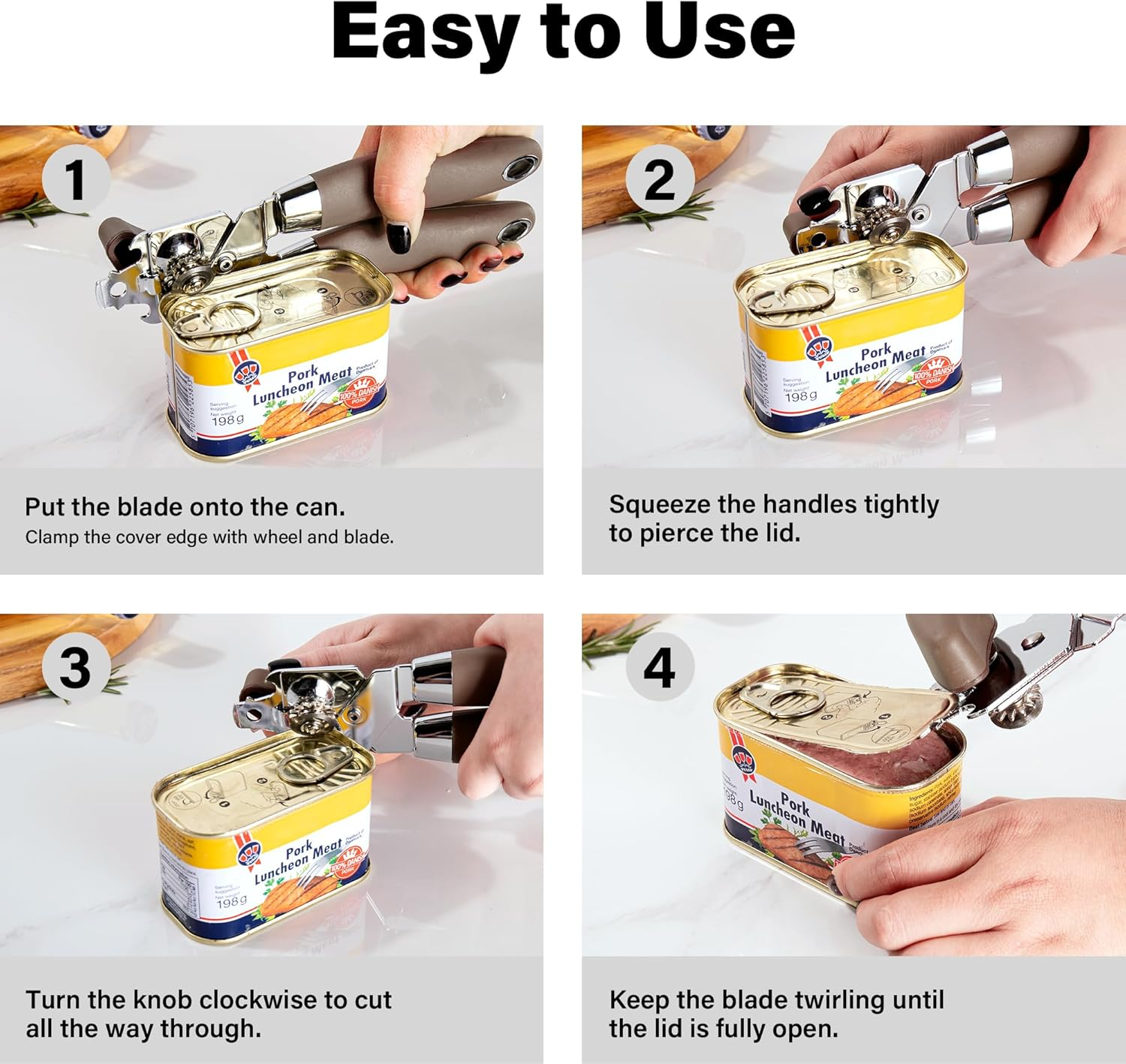 TJ POP Can Opener Manual, Multi-Purpose Heavy Duty Handheld Can Opener, Durable Stainless Steel Tin Opener, Super Sharp Cutting Wheel for Smooth Edge, Easy Turn Knob, Light Brown image number 4