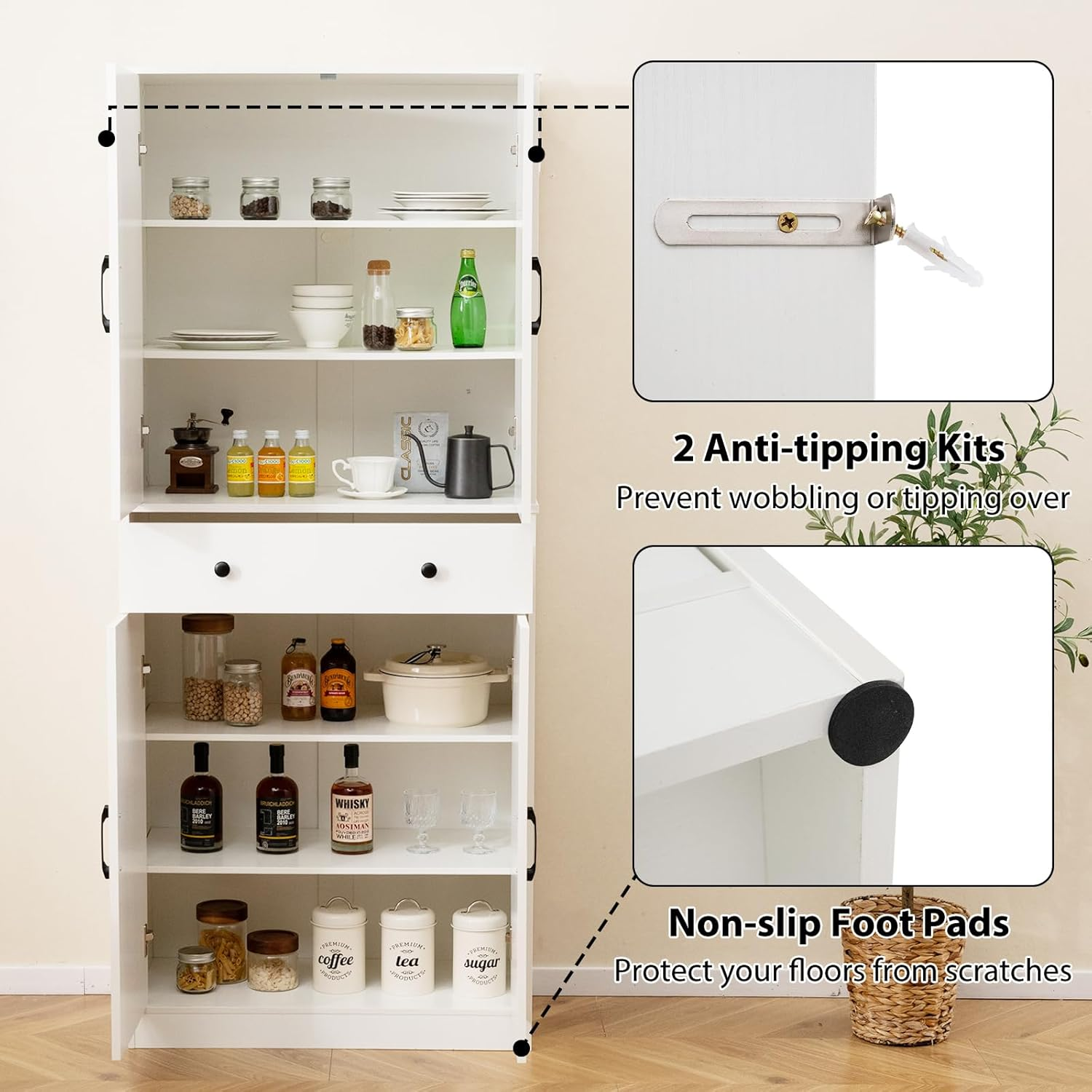 Giantex 183Cm Tall Kitchen Pantry, Modern Farmhouse, Storage Drawer & 3 Adjustable Shelves, Versatile Storage for Living Room, Dining Room, White image number 2