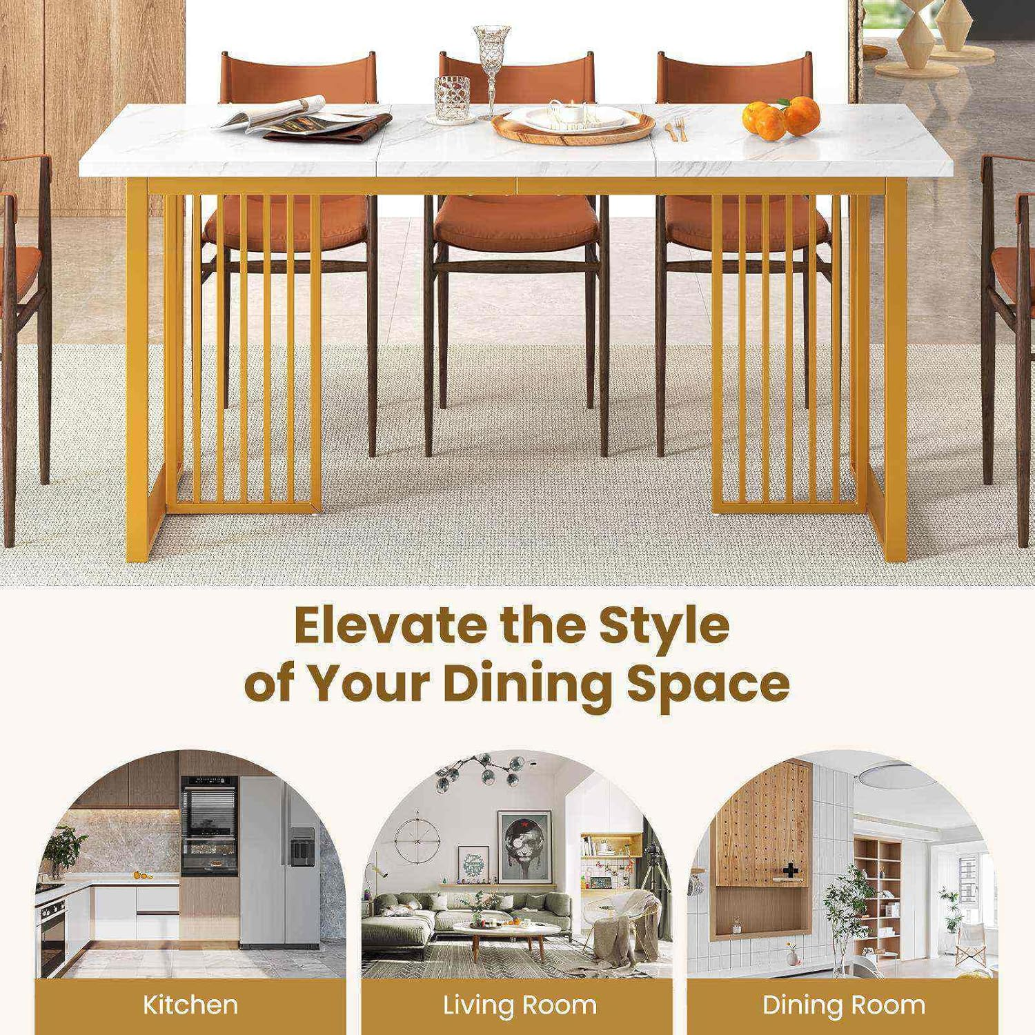 Giantex 160CM Modern Dining Table for 6-8 People, Rectangular Kitchen Table W/Faux Marble Tabletop, Metal Legs, Large Dinette Table for Dining Room, Living Room, Restaurant, Gold & White