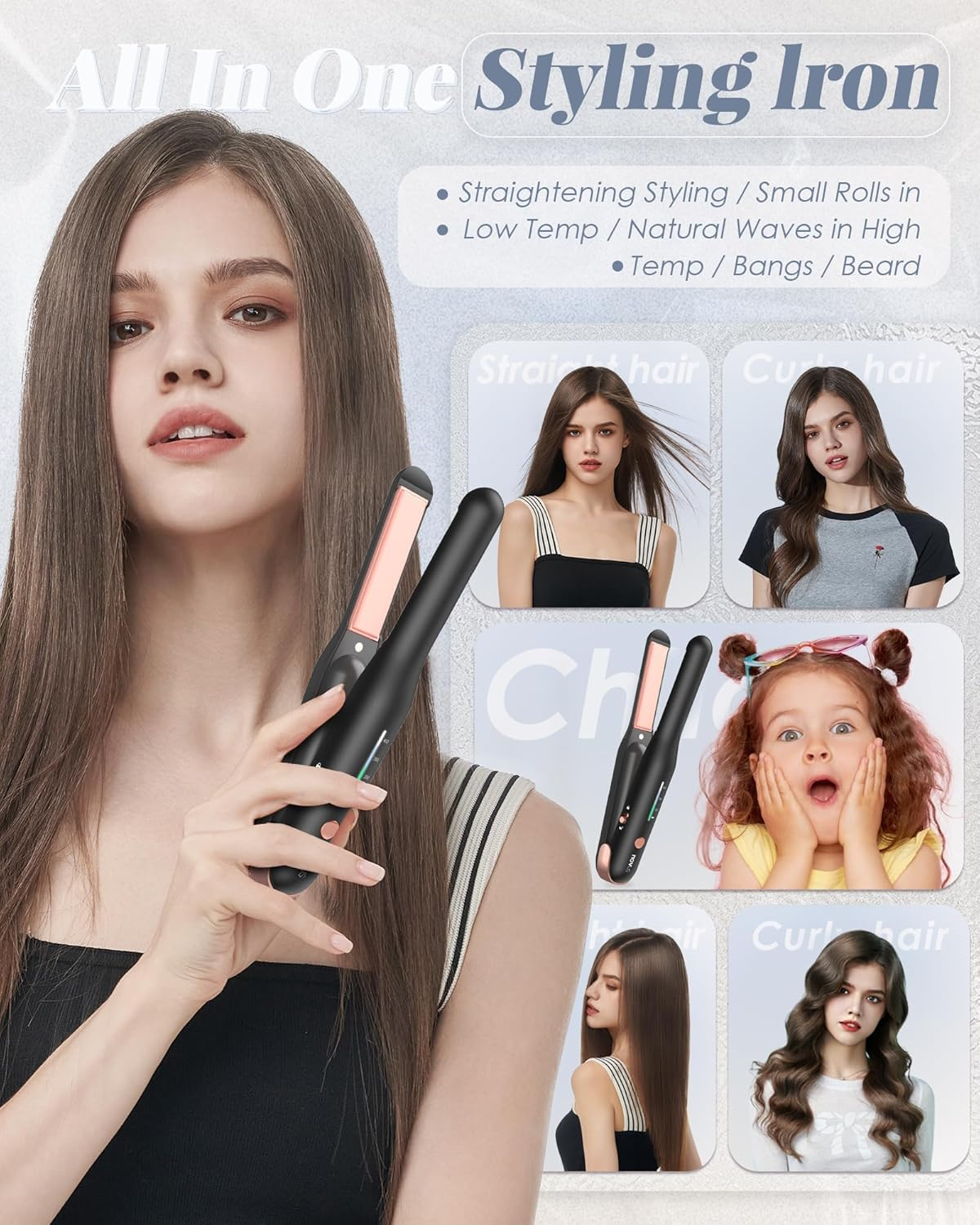 NOVUSPRO Cordless Type-C Rechargeable Mini Hair Straightener, 2 in 1 Portable Travel Flat & Curling Iron, Wireless Premium Straightener for All Types with 4000Ma Battery & Adjustable Temp (Black) image number 2