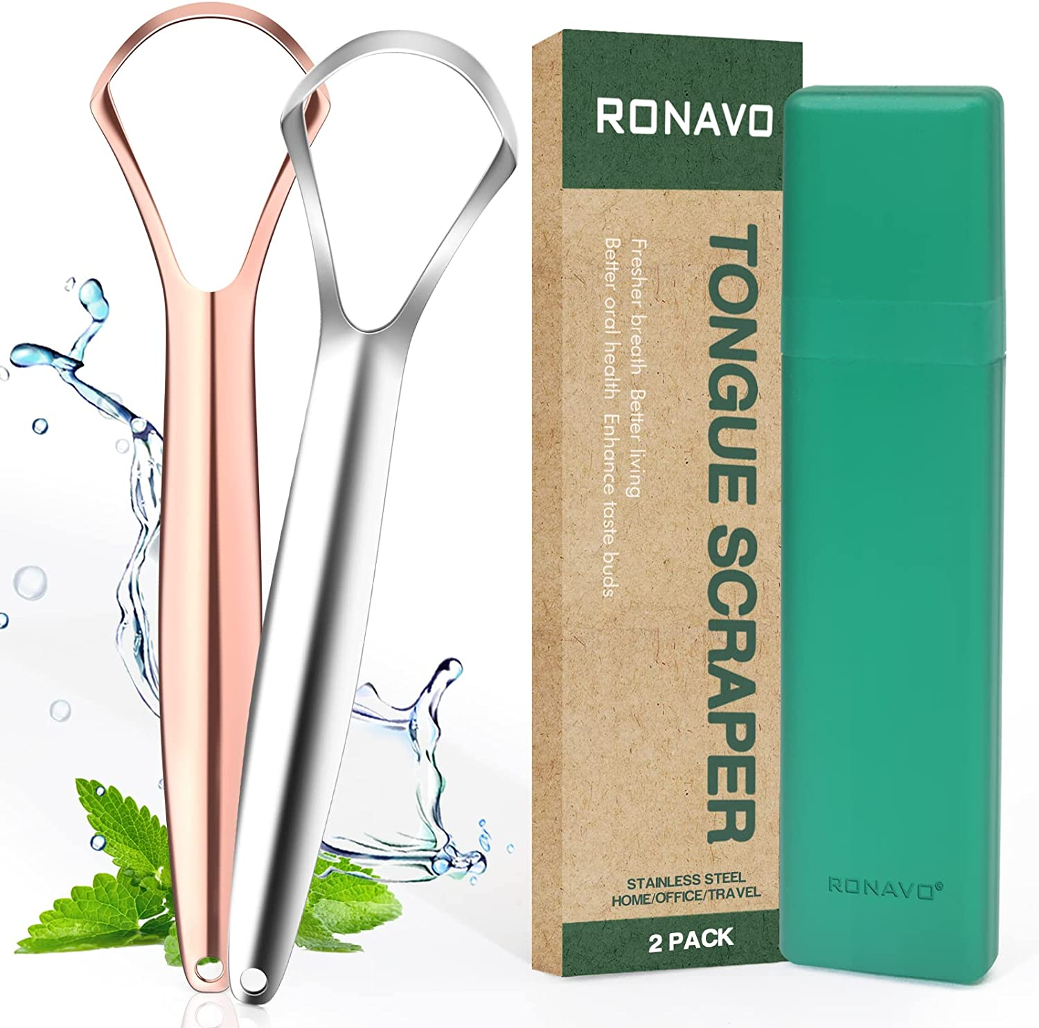 RONAVO Tongue Scraper Stainless Steel (2 Pack), Cure Bad Breath Medical Grade Tongue Cleaners, 100% BPA Free Metal Tongue Scrapers Fresher Breath in Seconds