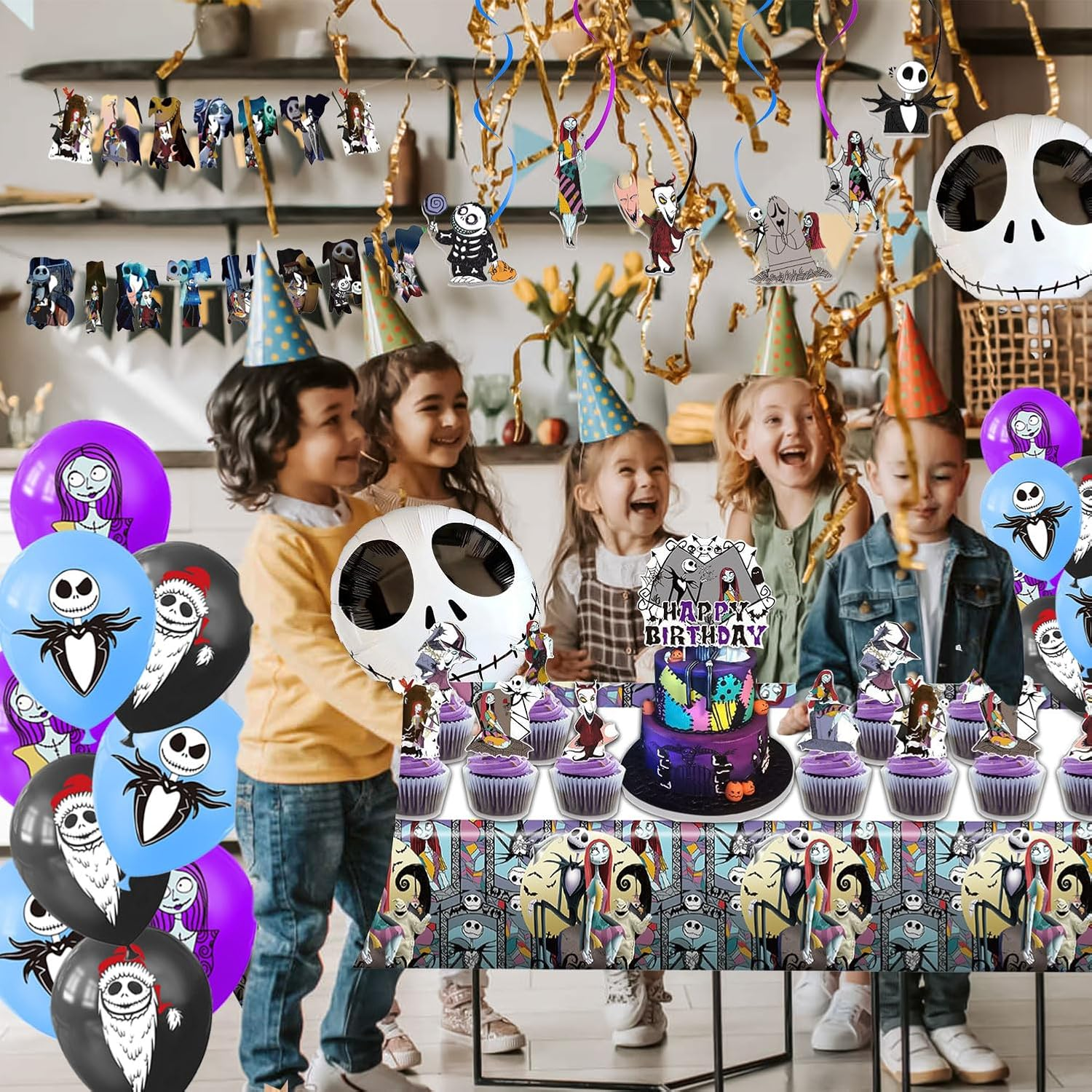 Birthday Decorations, Nightmare Christmas Party Supplies Halloween Birthday Party Decorations Set Includes Banner Balloons Tablecloth Backdrop Hanging Swirls Cake Toppers (42PCS)