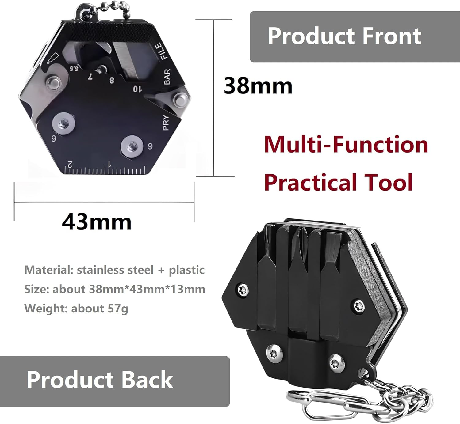 Knifemaster Stainless Steel Multi-Function Keychain Hand Tool - Rope Cutter, Ruler, Hex Wrench, Mini Knife, Screwdriver Head, Bottle Opener, Nail File Multi Purpose Tool (Black) image number 1