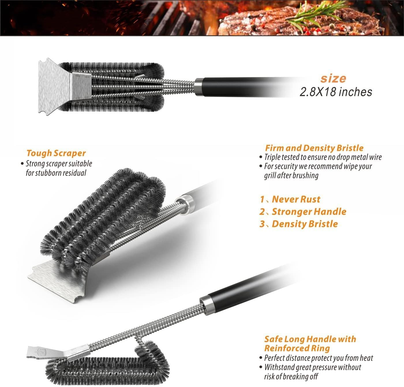 Grill Brush and Scraper, BBQ Cleaning Brush and Stainless Steel Bristles and Extra Long PP Handle, Barbecue Brush for Cleaning Charcoal Grill, Electric Grill image number 2