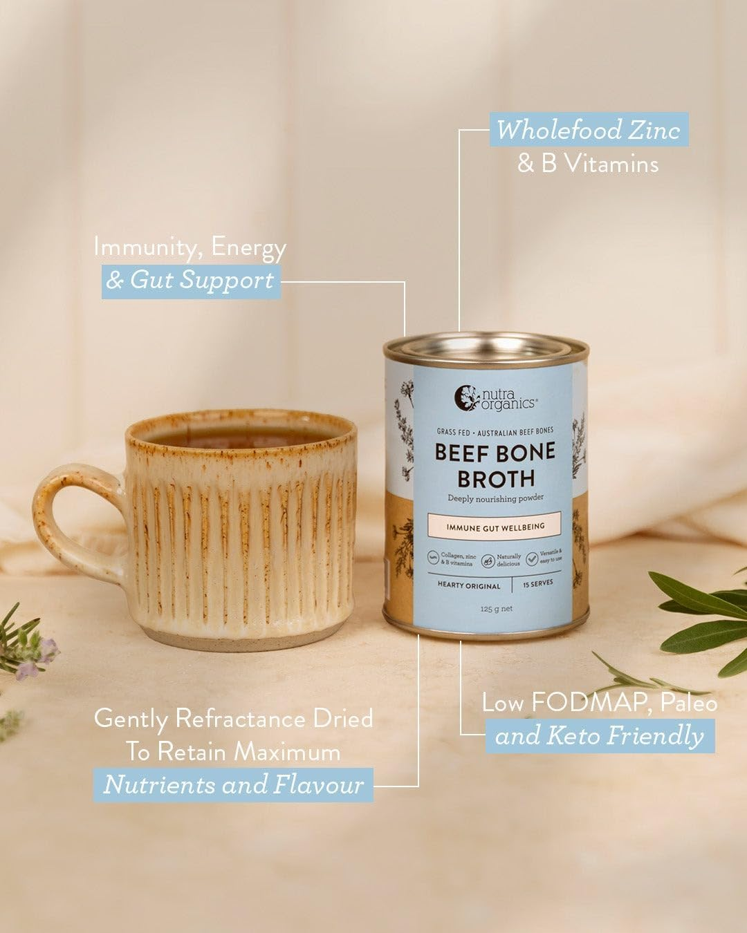 Nutra Organics Beef Bone Broth Hearty Original 1Kg | Nutritious Broth Powder, B Vitamins & Zinc | Boost Immunity, Energy, Gut Wellbeing (125 Serves) image number 5