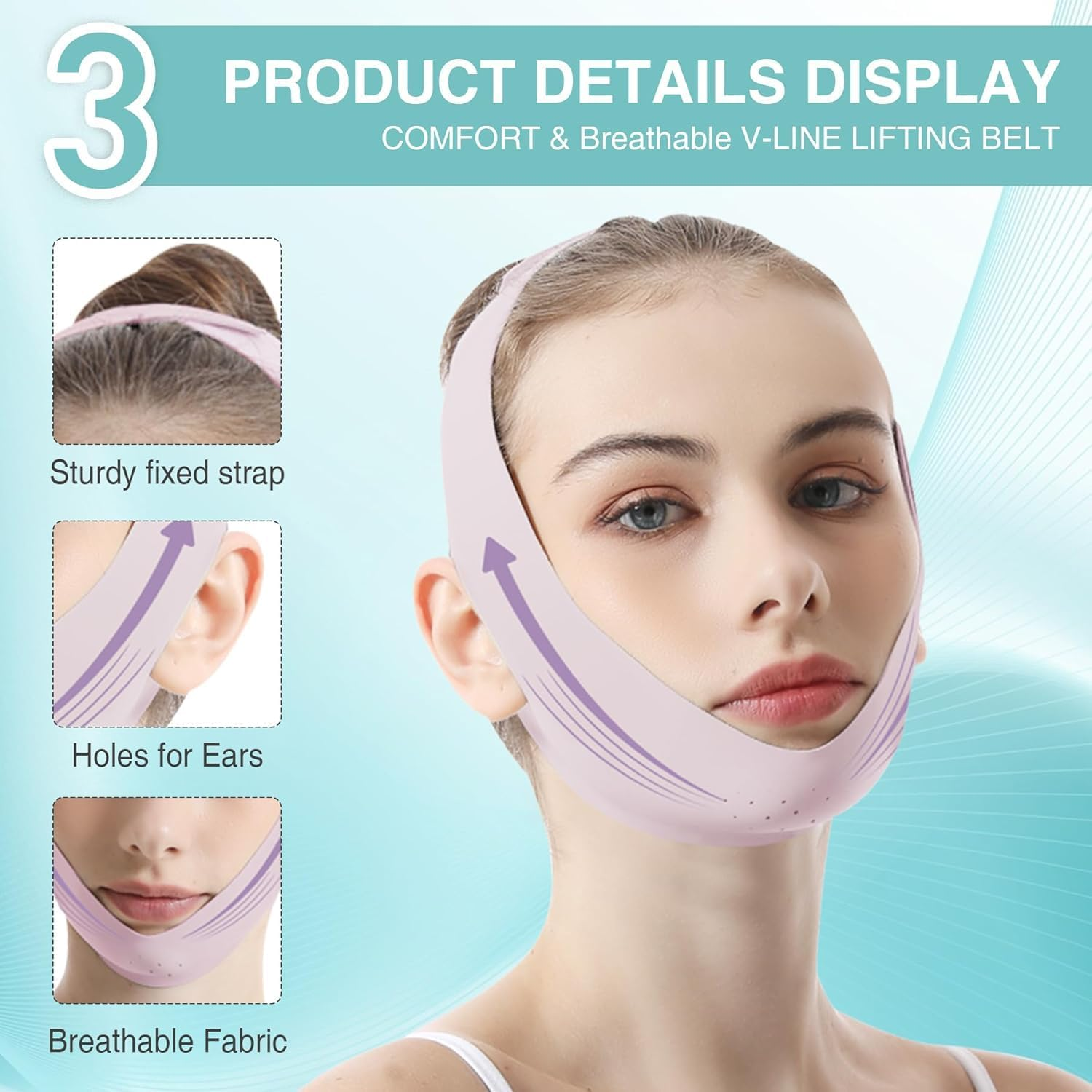 Face Lifting Belt, Facial Lift Band Double Chin Reducer Facial Lifting Strap, Chin up Face V Line Lift Face Bandage (Purple, One Size) image number 4