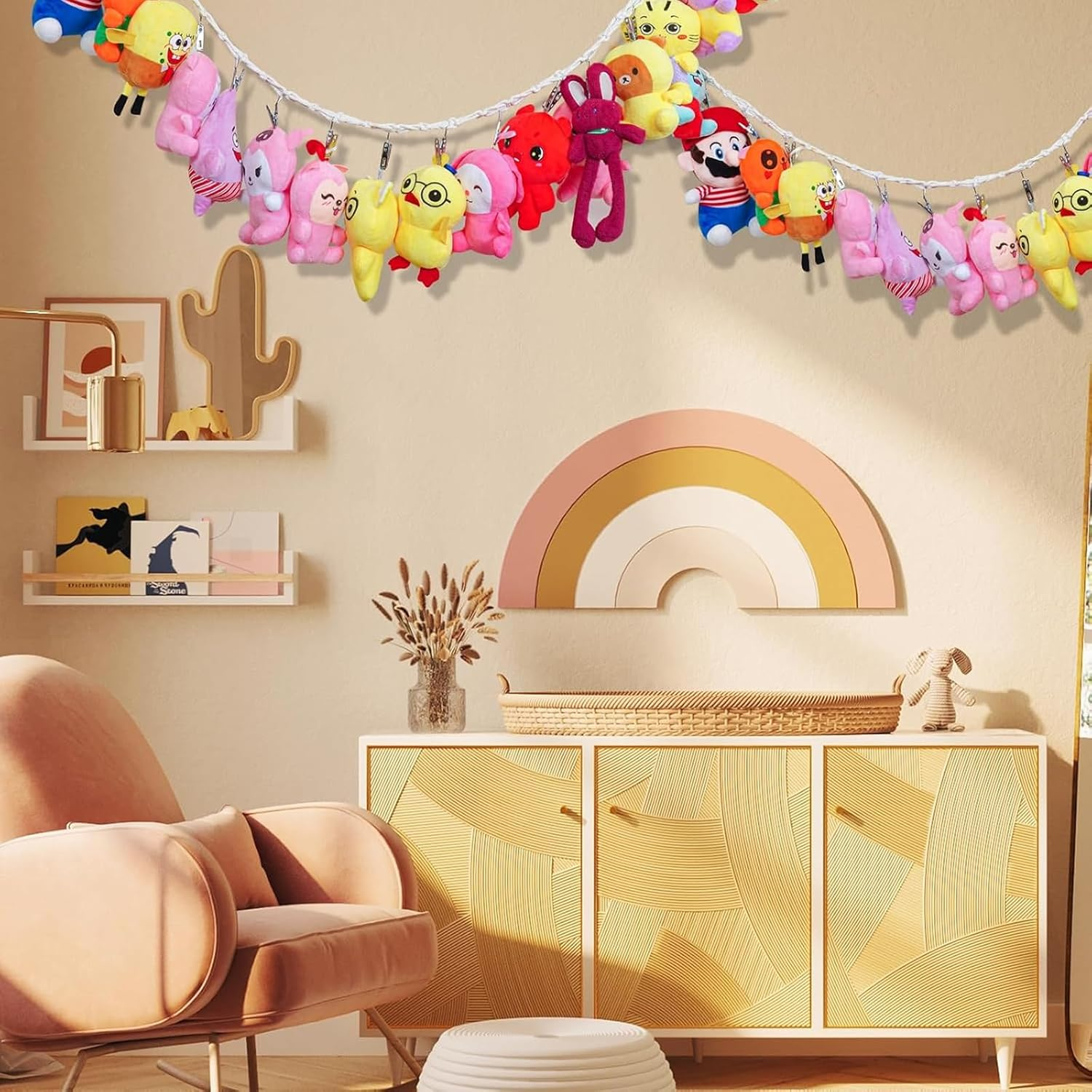 80 Inches Cotton Hanging Storage Chain for Stuffed Animals & Plush Toys, Space Saving Toy Organizer with 20 Metal Clips, Kids Room Decor image number 1