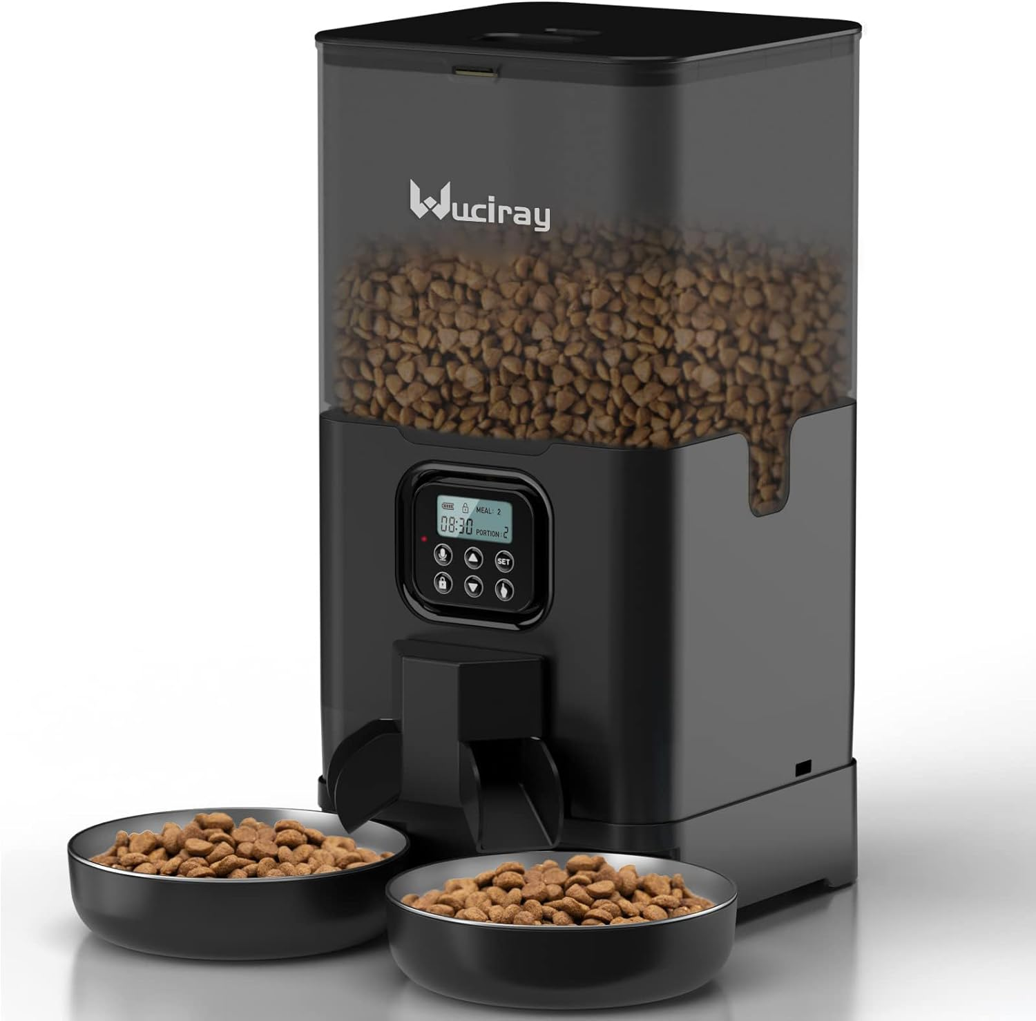 Wuciray Automatic Cat Feeder 6L, Double Pet Feeder with 2 Stainless Steel Bowls, 4 Meals per Day, 10S Voice Recorder, Timed Cat Food Dispenser with Memory Function, Lock Lid and Desiccant Bag(White)