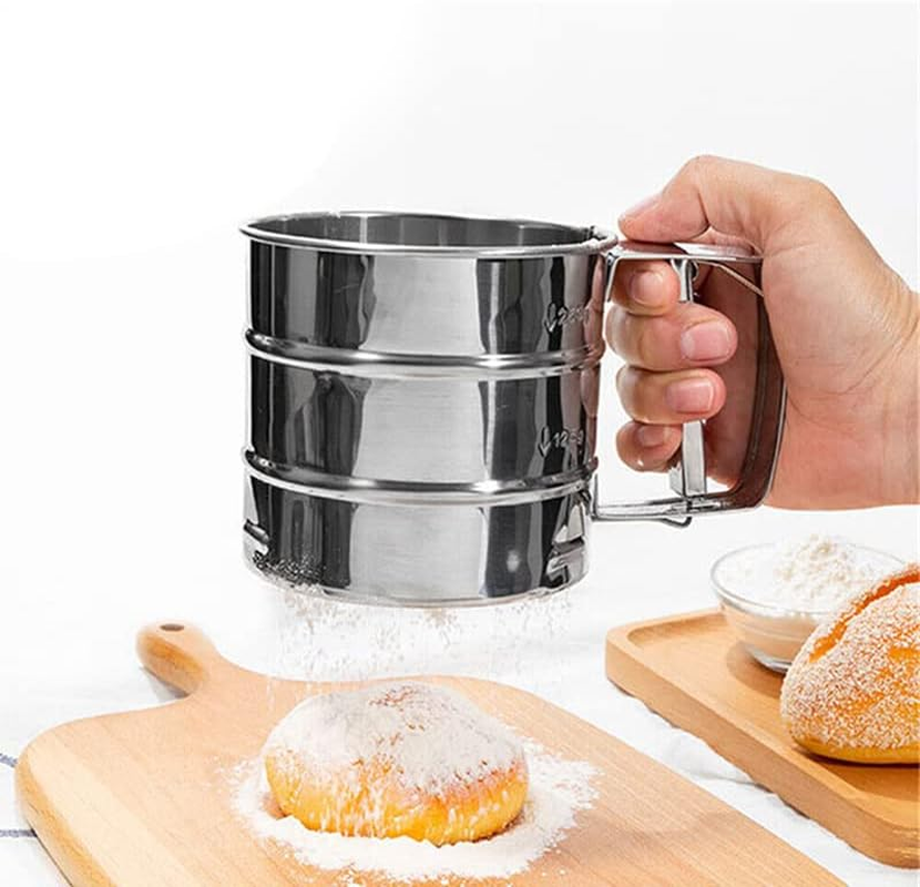 AIMALL Stainless Steel Mesh Flour Sifter, 6.10 X 3.74 Inches, Mechanical Baking Icing Sieve Strainer Cup, Sugar Shaker for Baking, Easy-To-Clean Sifter for Flour, Sugar, and Powdered Ingredients image number 5