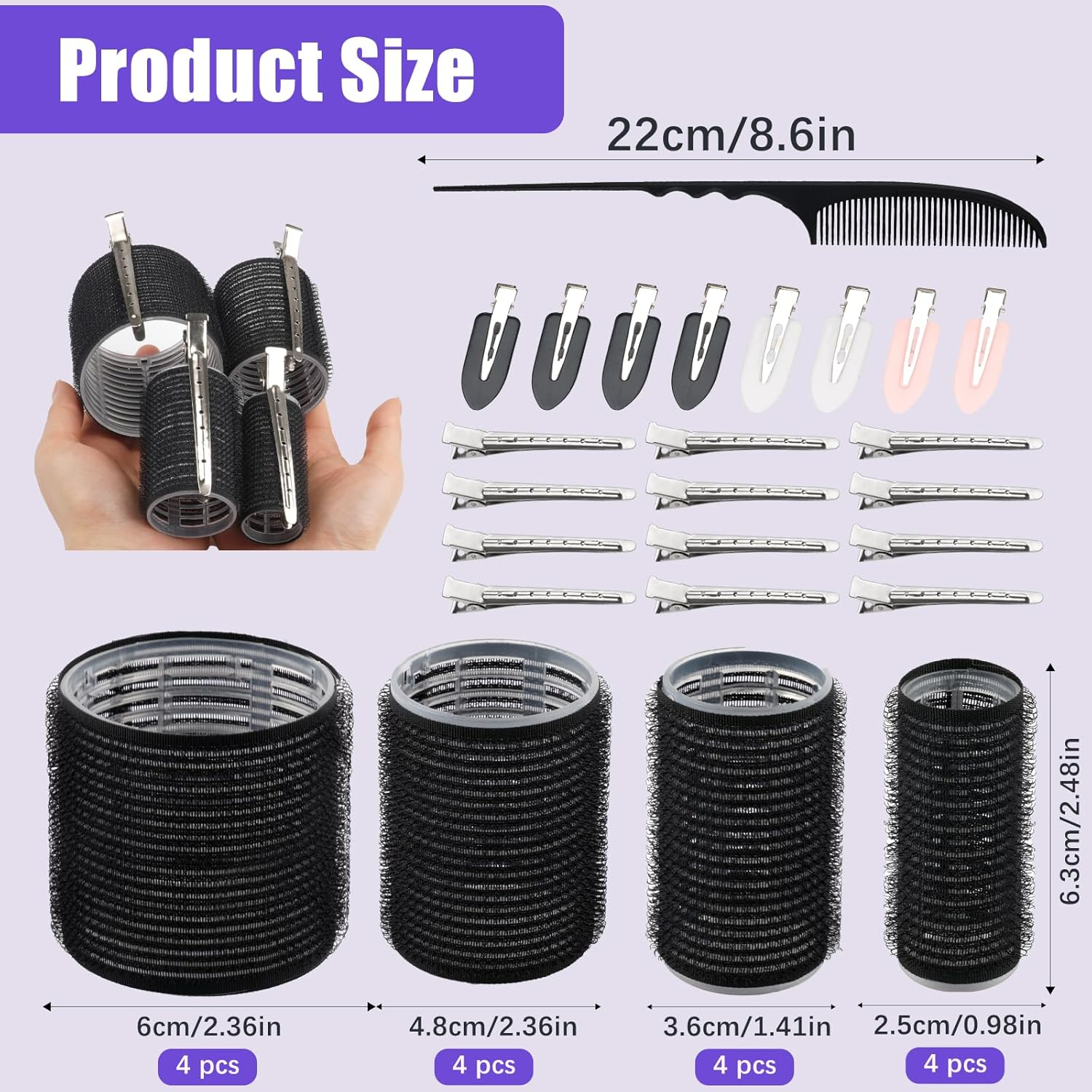 37-Piece Hair Rollers Set, Self-Adhesive Hair Rollers, Black Hair Rollers with 4 Sizes 60 Mm, 48 Mm, 36 Mm, 25 Mm, Jumbo Curlers with 20 Clips and 1 Comb for Long Medium Short Hair image number 2