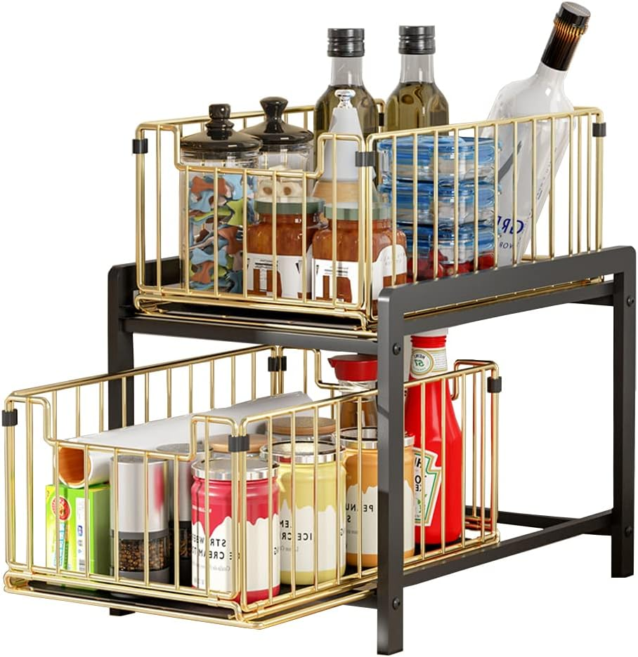 Yunnasi under Sink Storage 2-Tier Pull Out Sliding Basket for Cabinet Kitchen Cupboard Organiser Detachable Metal Storage Rack for Bathroom (Regular, Whitewhite)