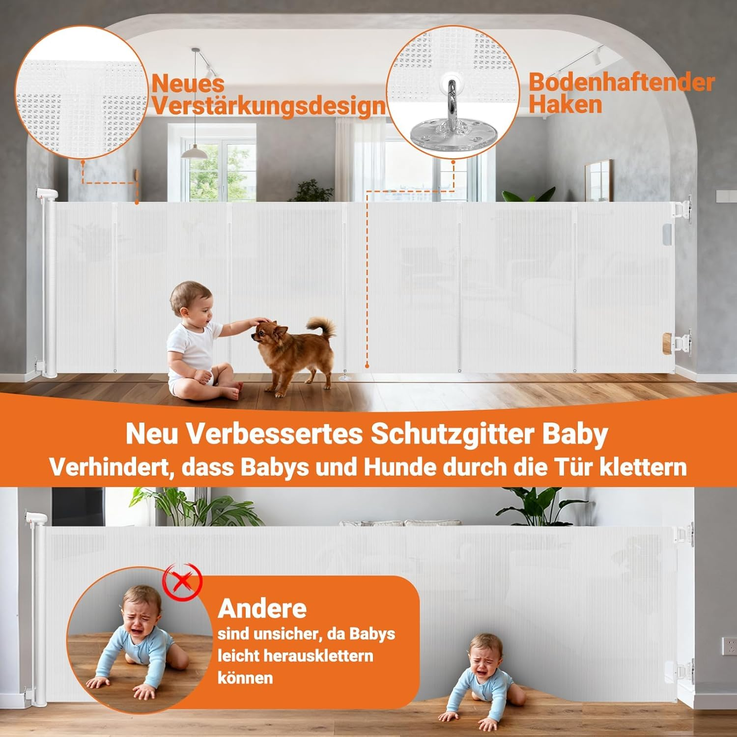 Ycozy 150Cm Retractable Baby Gate for Pet Child with Reinforced Bar Design to Prevent Crawling through 86Cm Tall Mesh Dog Safety Gate for Stairs Doorways Indoor