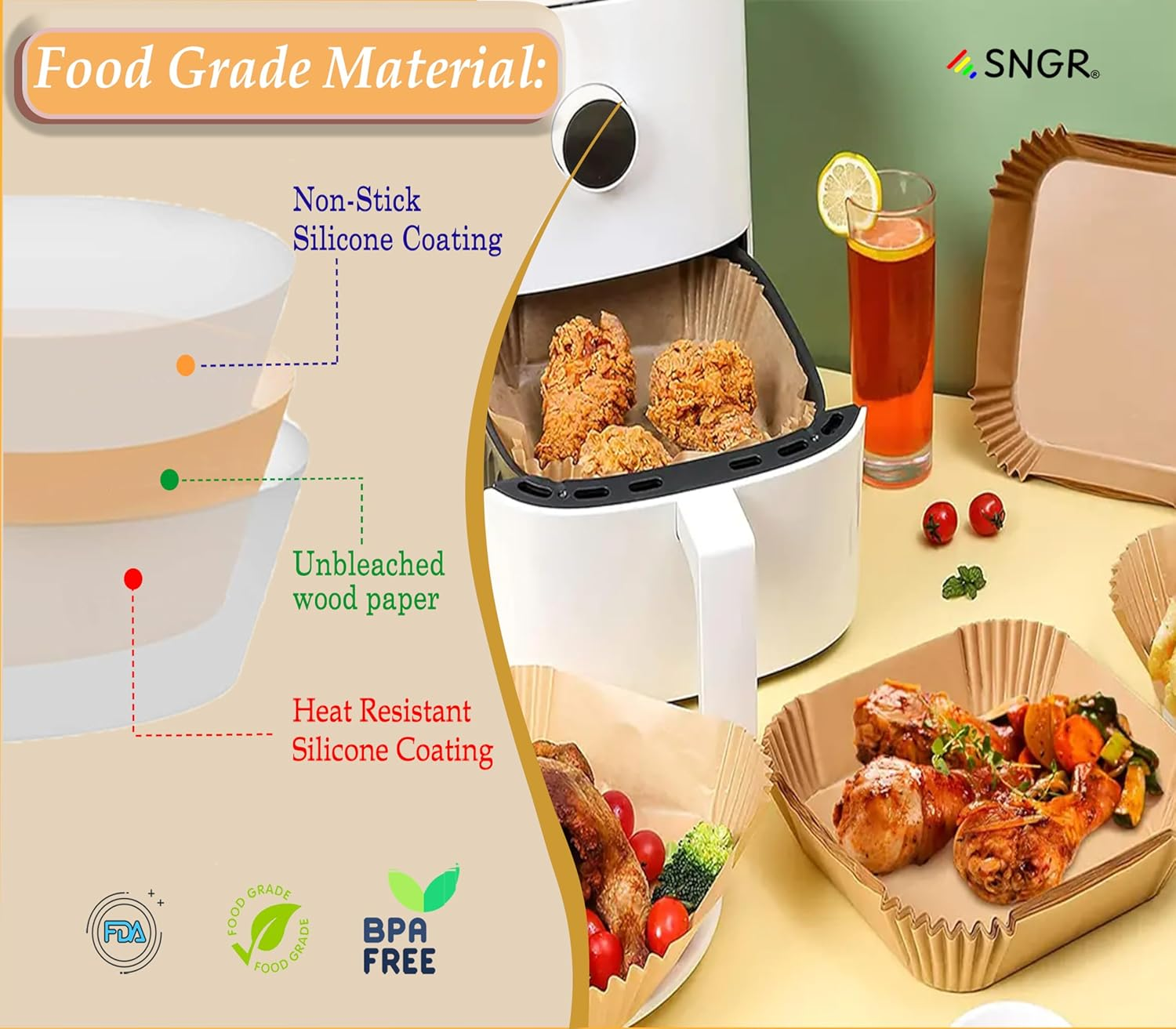 Premium 6.3Inch Square Air Fryer Liners, [200Pcs/Pack] Disposable Air Fryer Paper, Food Grade Baking Tray for 2-5QT Air Fryers - Air Fryer Accessories. image number 6