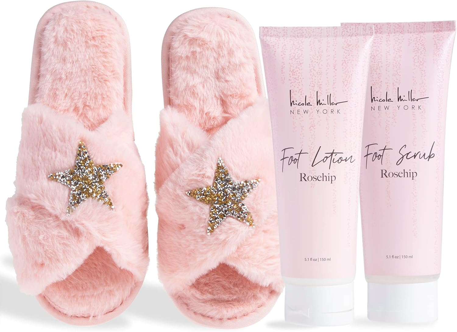 Nicole Miller Bath and Body Present Set Piece Foot Spa Set with Fuzzy Slippers, a Sponge, Foot Lotion, and Foot Scrub, Rosehip with Sparkle Star Slippers image number 5