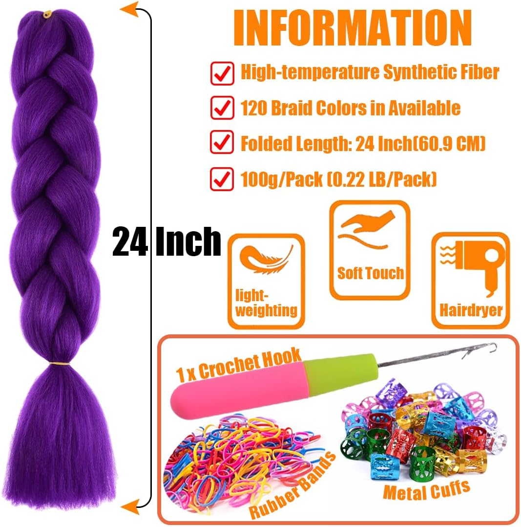 Kanekalon Jumbo Braids Hair Extensions Synthetic Fiber for DIY Box Braiding Hair 3 Packs 61 CM 24 Inch A35 Purple Color