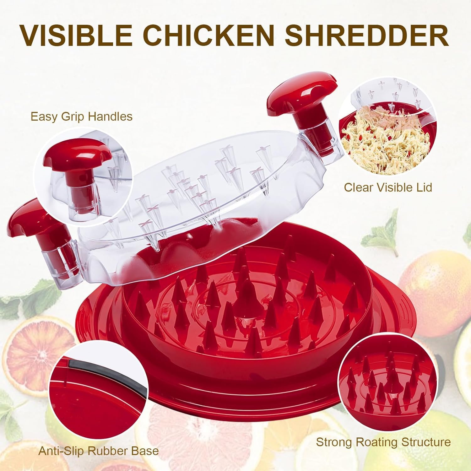 Chicken Shredder with Clear Lid, Visible Meat Machine with Ergonomic Handle, Non-Slip BPA Free Breast Shredder, Dishwasher Safe for Fish Pork Beef (Red)