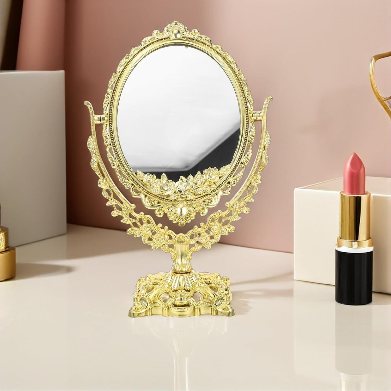 Happyyami Vintage Double-Sided Makeup Vanity Mirror 360&deg; Swivel Rotating Oval Desktop Cosmetic Mirror for Dressing Table and Bathroom Use image number 3