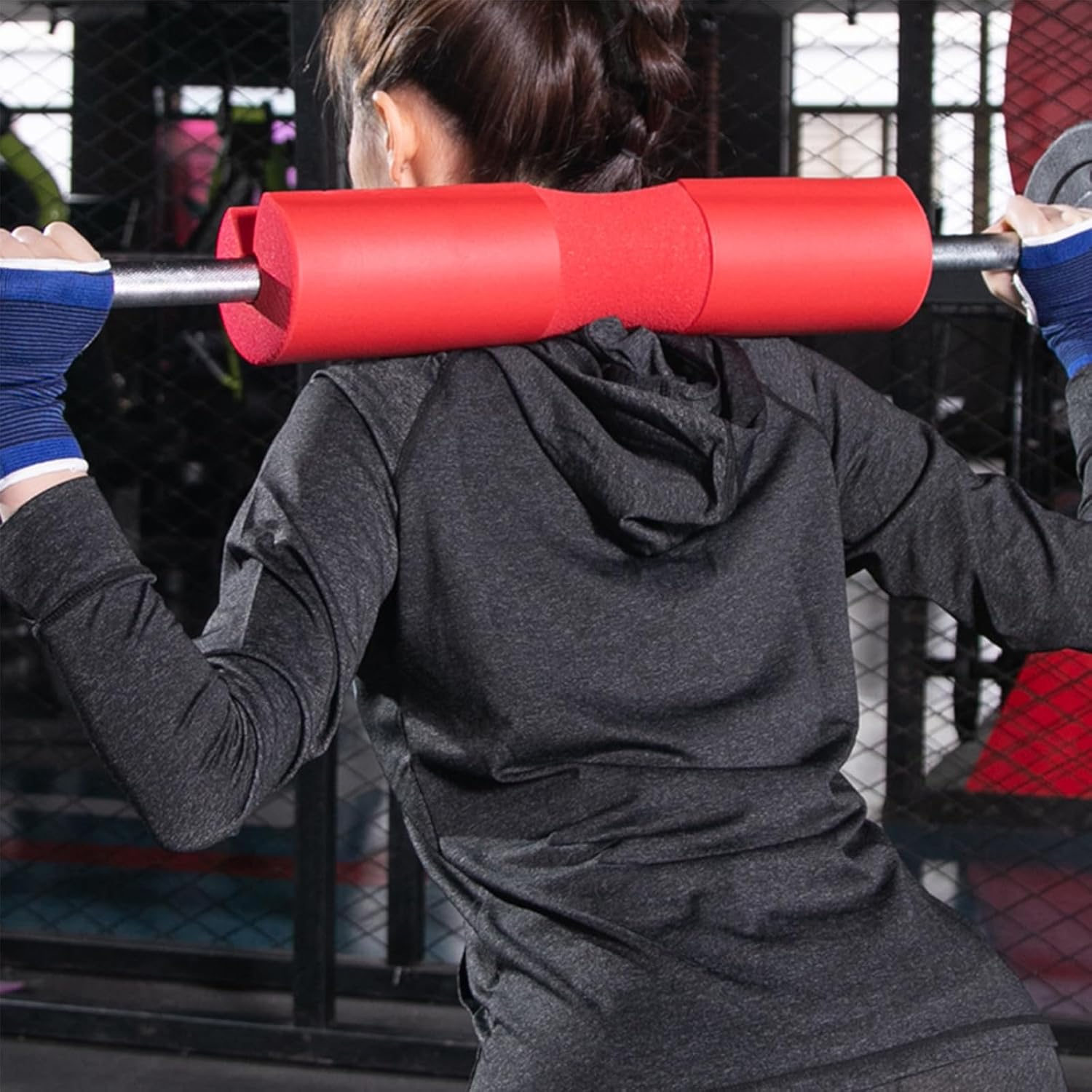 Yeanifeana Barbell Pad - High-Density Foam Sponge Pad for Squats, Weightlifting, Lunges & Hip Thrusts, Perfect Fit Standard and Olympic Bars (Black) - Red image number 7