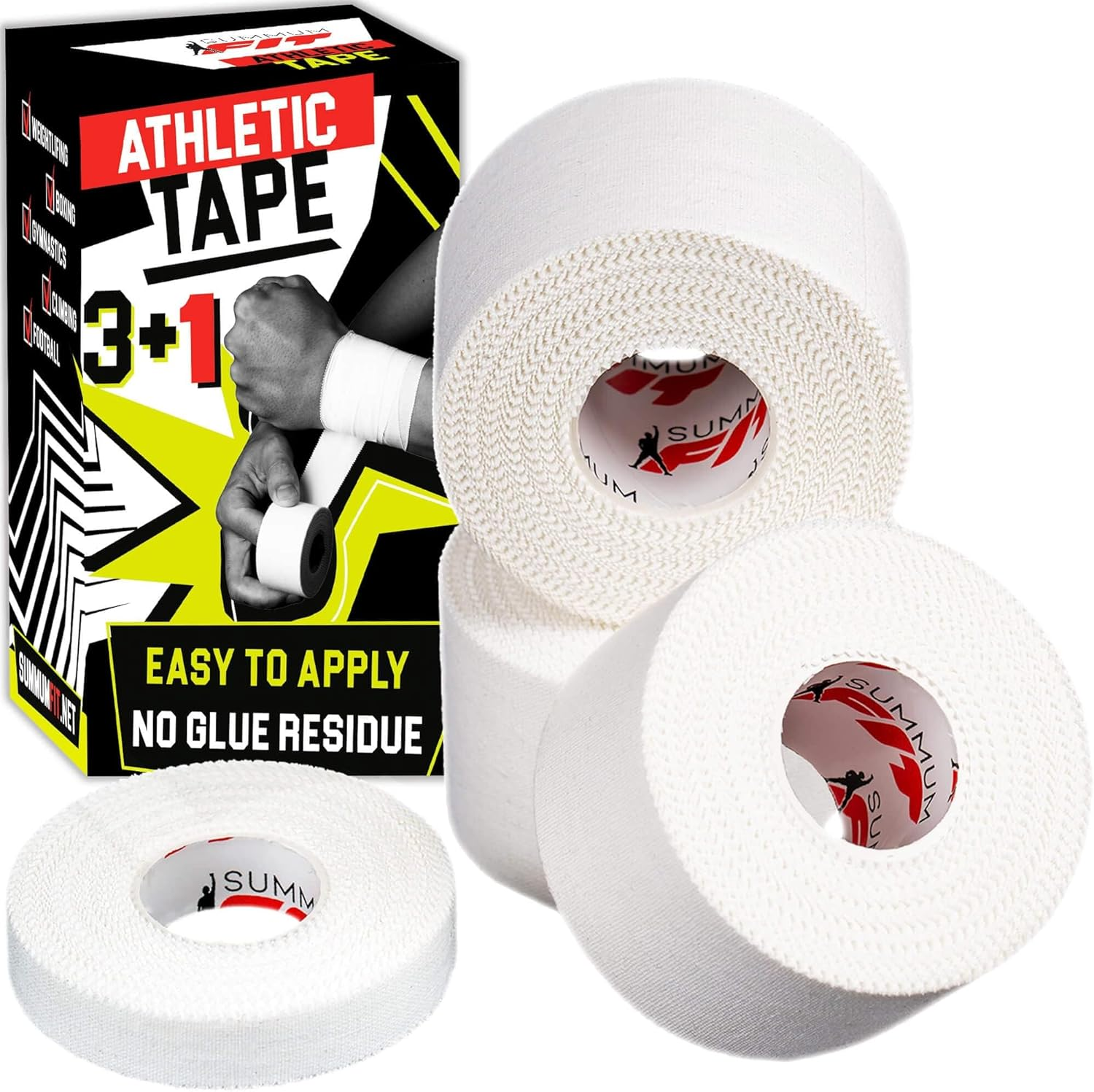 Athletic Tape Extremely Strong: 3 Rolls + 1 Finger Tape. Easy to Apply & No Sticky Residue. Sports Tape for Boxing, Football or Climbing. Enhance Wrist, Ankle & Hand Protection Now