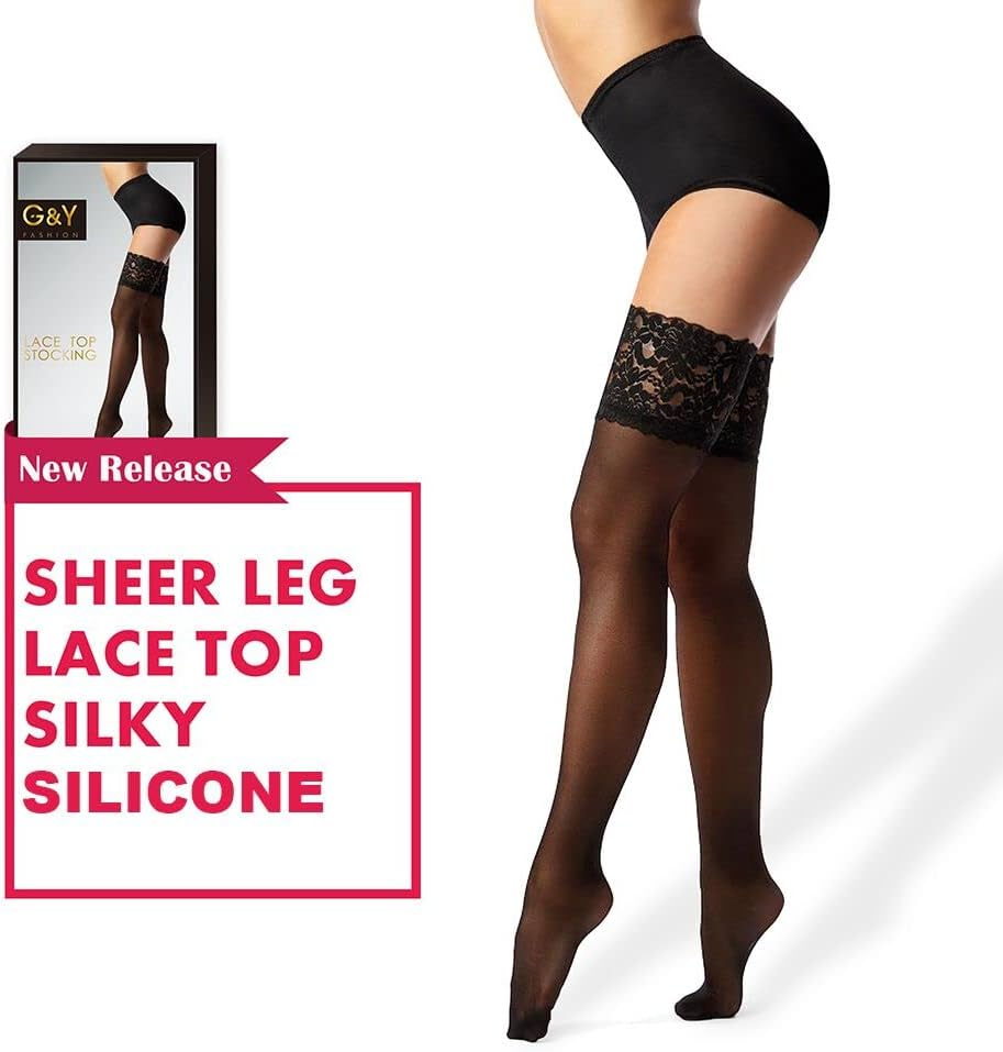G&Y Thigh High Stockings with Silicone - 15D Sheer Lace Top Nylon Stay up Pantyhose for Women