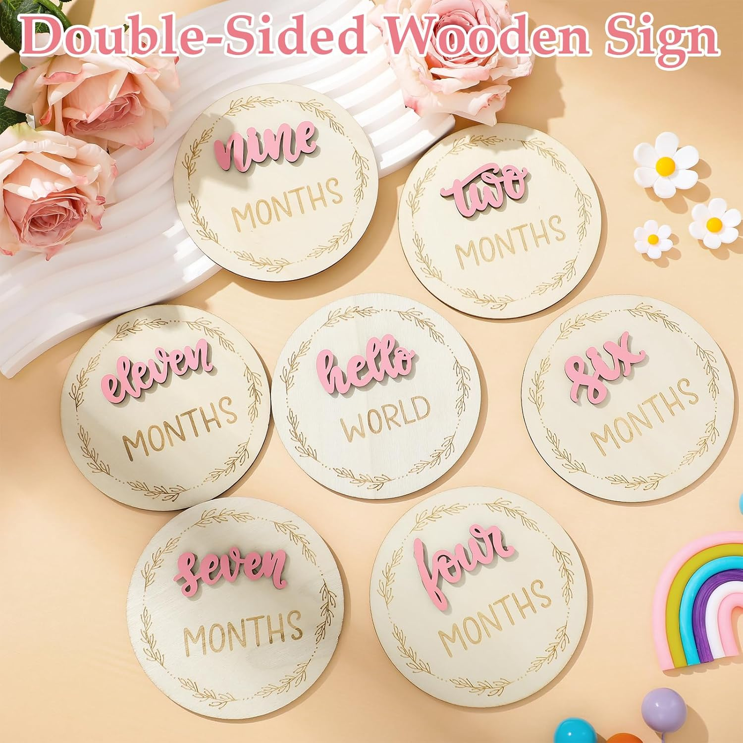 7 Pcs Baby Monthly Milestone Cards Sign, Double Sided 3D Baby Milestone Signs Baby Growth Cards Milestone Wooden Circles for Baby Boy Girls 1-12 Months Baby Milestone Pictures (Double Sided) image number 6