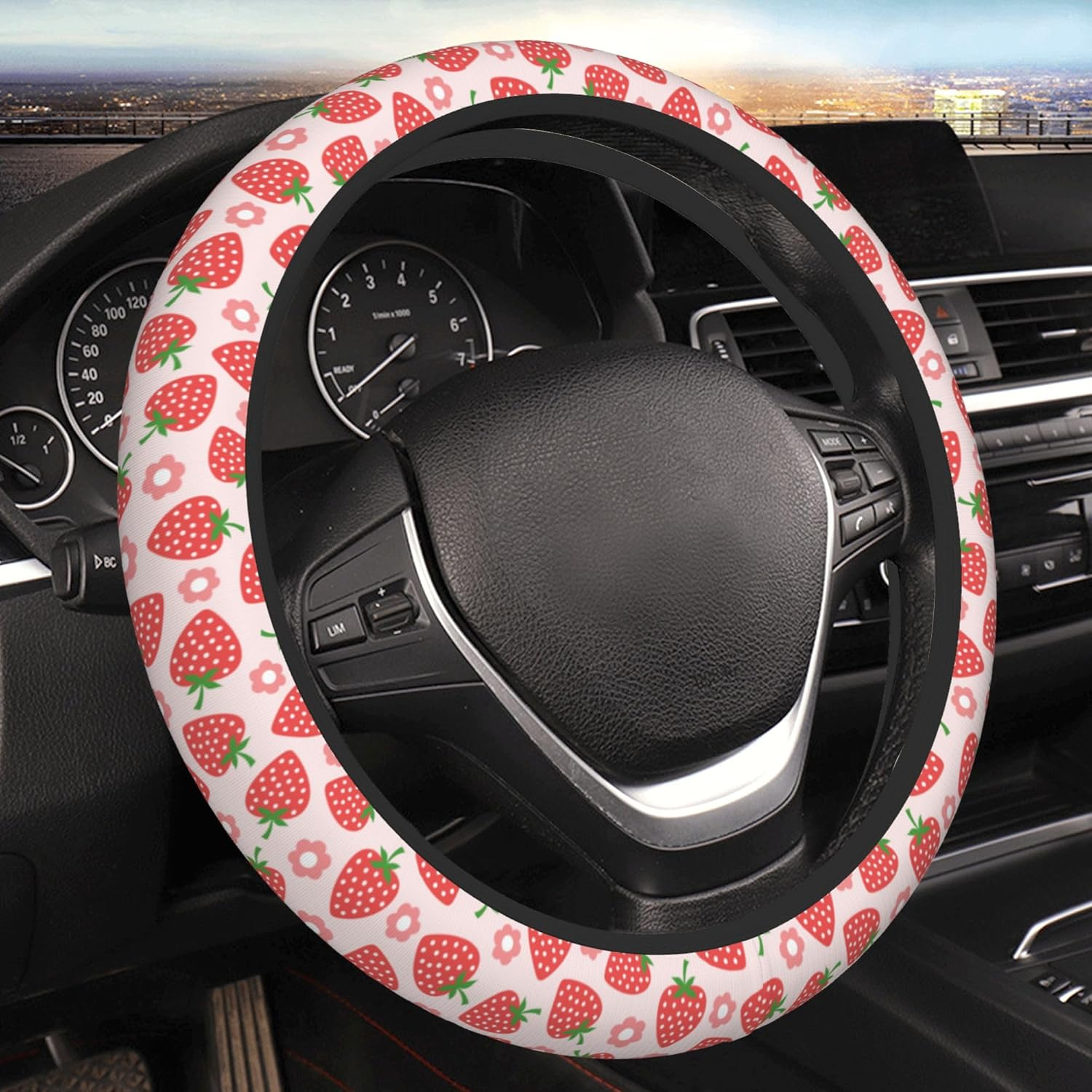 Daisy Floral Steering Wheel Cover Women Girls Cute Flower Car Steering Wheel Cover Black Anti-Slip Soft Neoprene Auto Accessories Interior Decor Protector Covers Gifts Elastic Universal 15 Inch