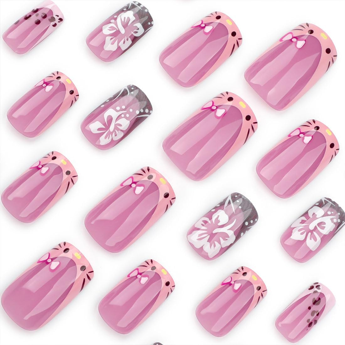 24PCS Cute Kitty Press on Nails,Medium French False Nails with Flower Pattern Design,Pink Purple Gradient Square Coffin Fake Nails for Women or Girls - Style-3 image number 5