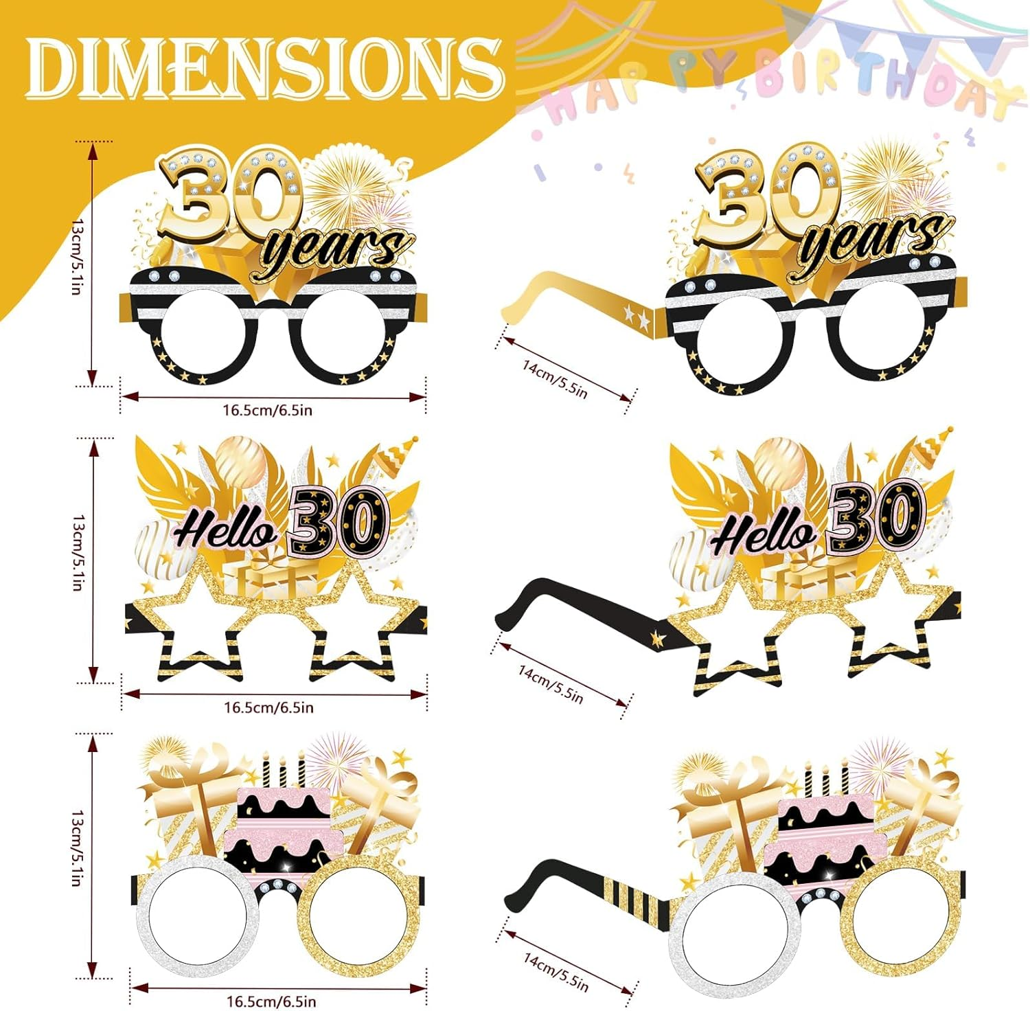 Birthday Glasses, 18 Pack Birthday Paper Glasses for Man Women, Birthday Photo Props Party Supplies, Hello Thirty Cheers to Birthday Party Favors image number 2