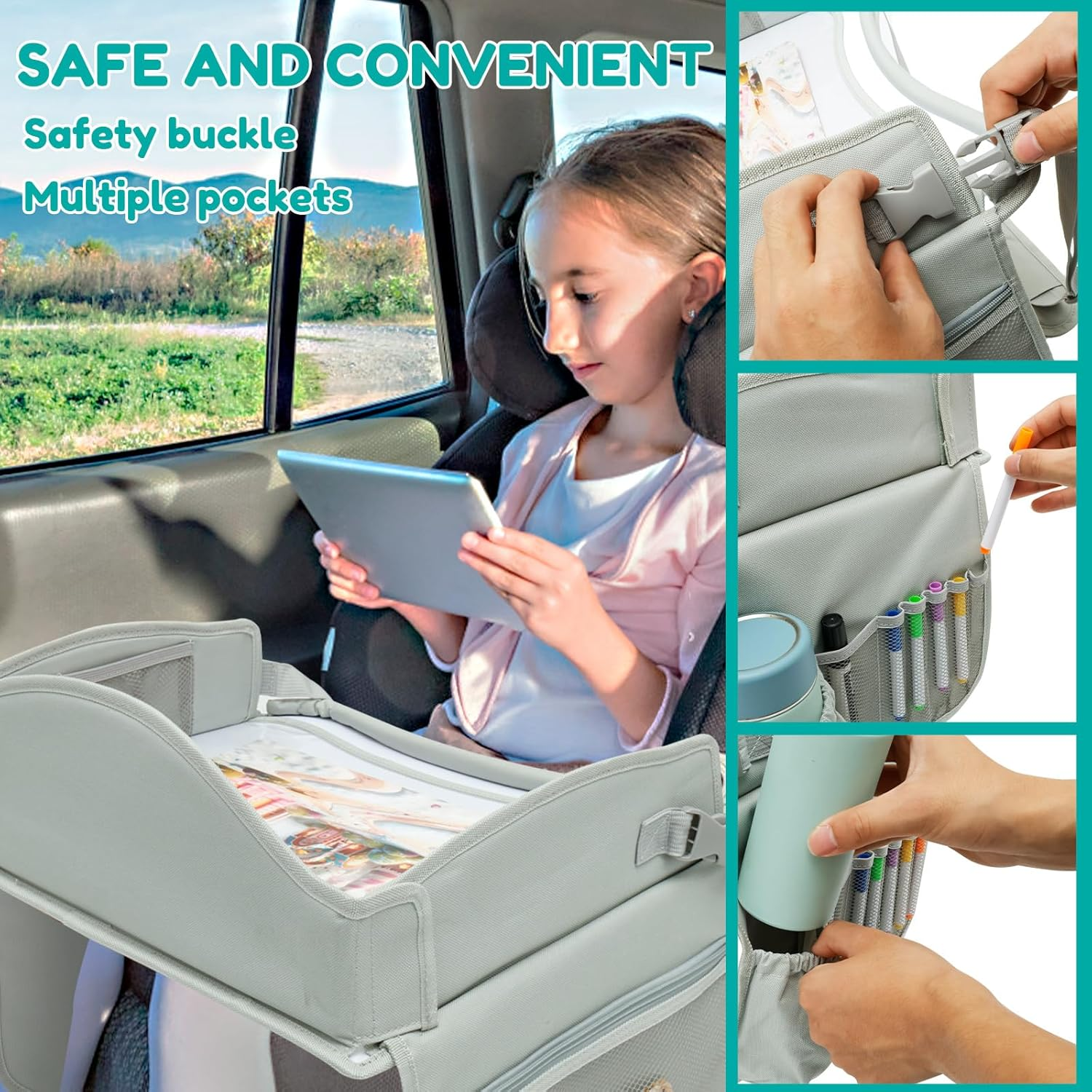 Kids Travelling Polyester Car Seat Drawing Tray with Adjustable Padded Shoulder Strap, Rounded Corners, Curved Edges, Suitable for Children image number 6