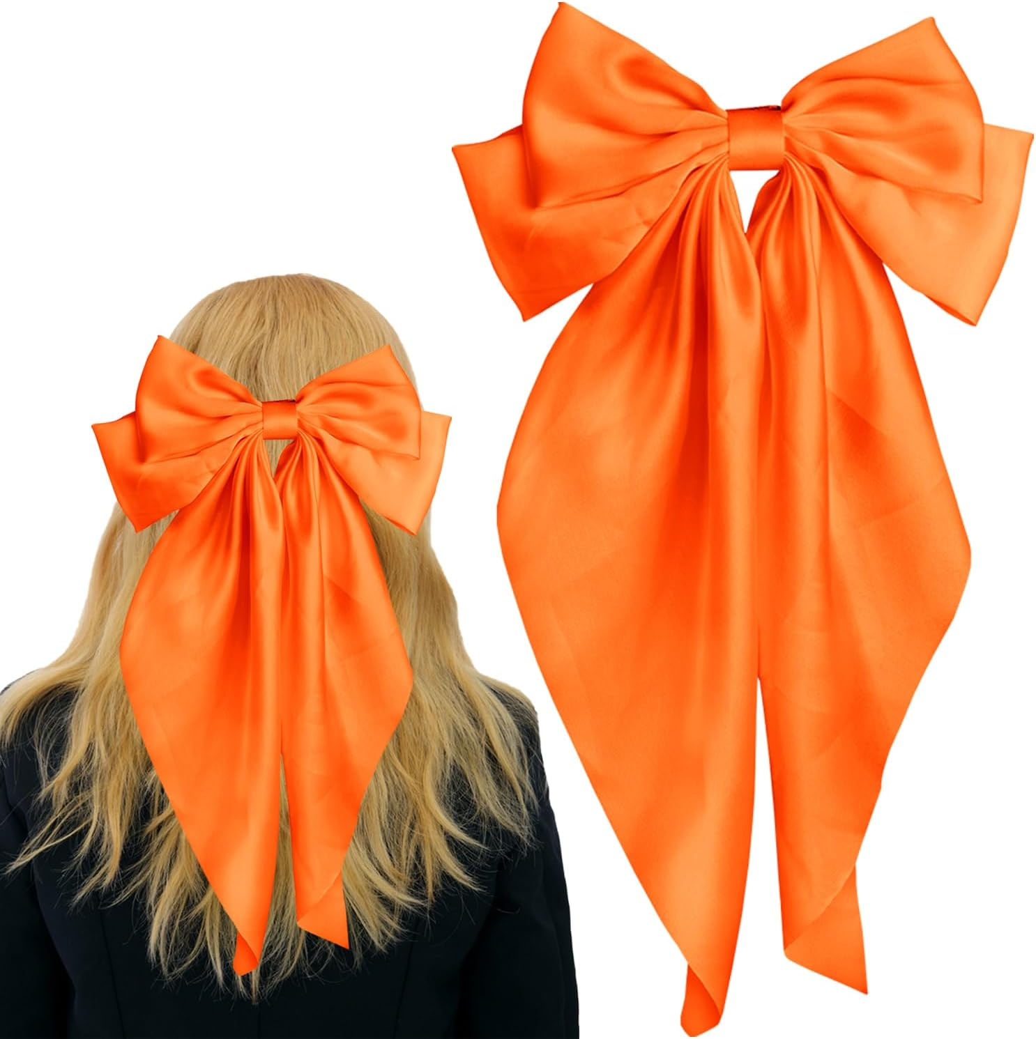 Pufandor Hair Bow Silky Satin Hair Ribbons for Women, Orange Bows for Girls Hair Bowknot Barrettes Long Tails with Clips Big Hair Bows Hair Accessories (Orange 1Pc) - Big Red image number 5