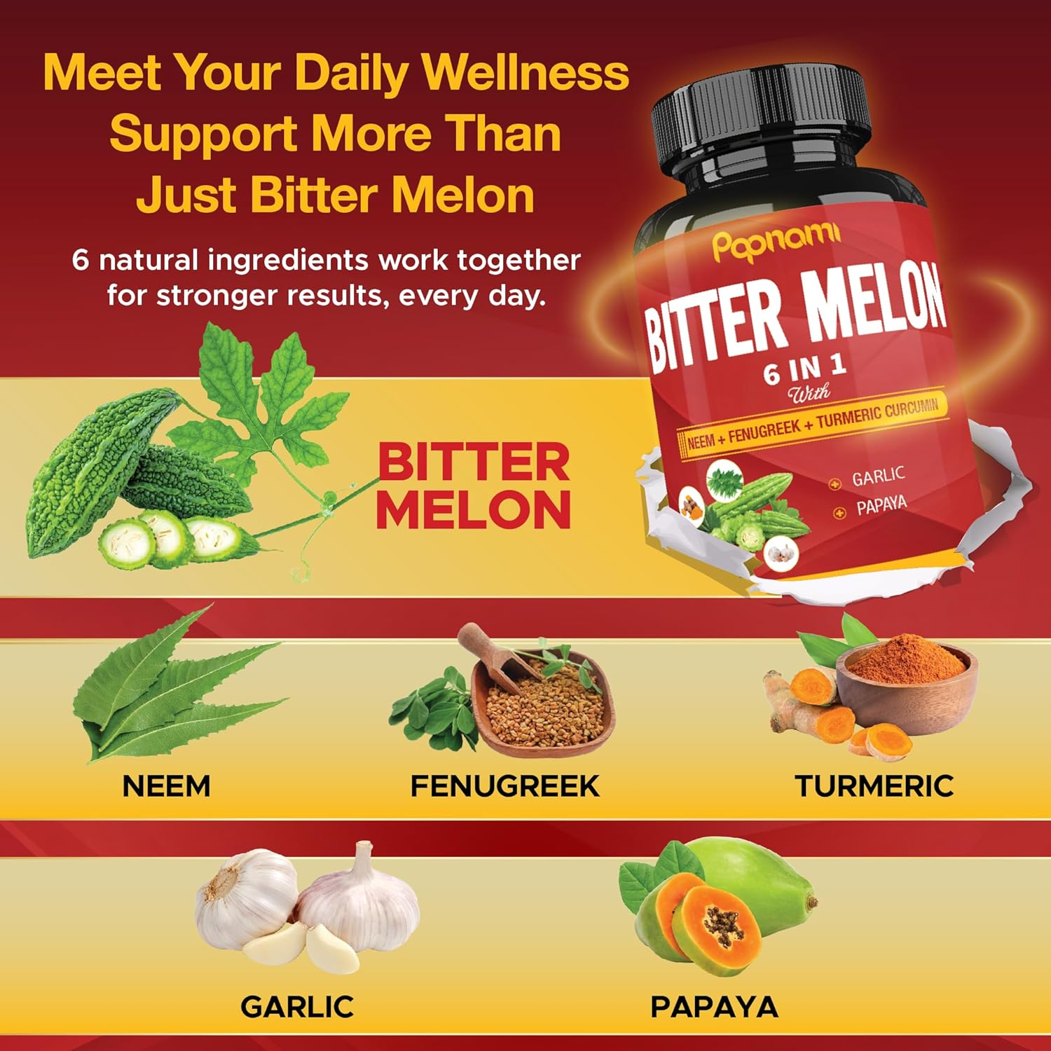 Organic Bitter Melon Extract Capsules - 60 Pills 2 Month - Combined Neem, Fenugreek, Curcumin, Garlic & Papaya image number 3