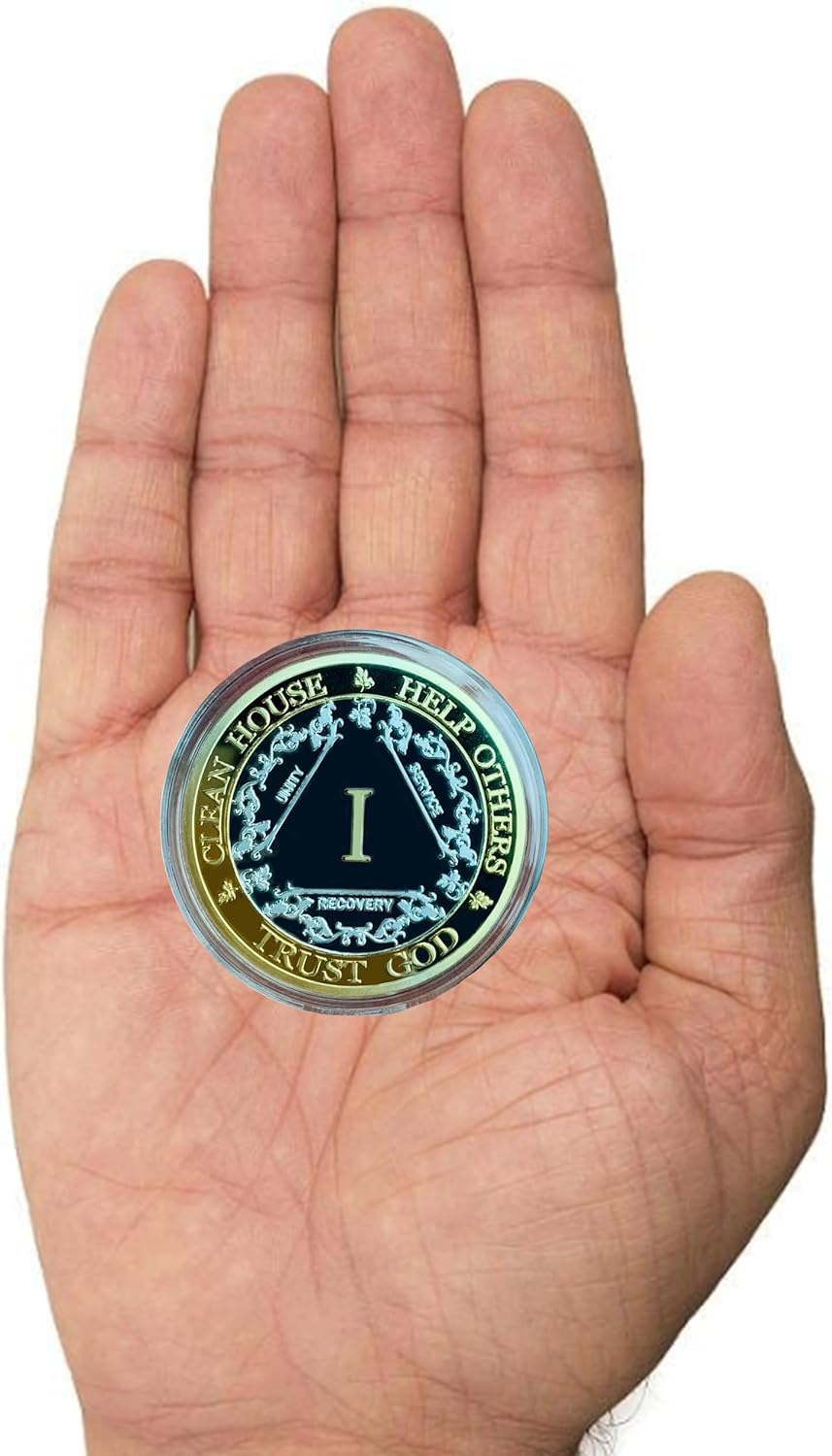 Affirmation Sobriety Coin Gift Set | Silver & Gold AA Chip Medallion with Token Capsule, Stand & Card | Sobriety Gifts for Anniversary Month & Year for Men & Women in Recovery (Two Years) image number 3