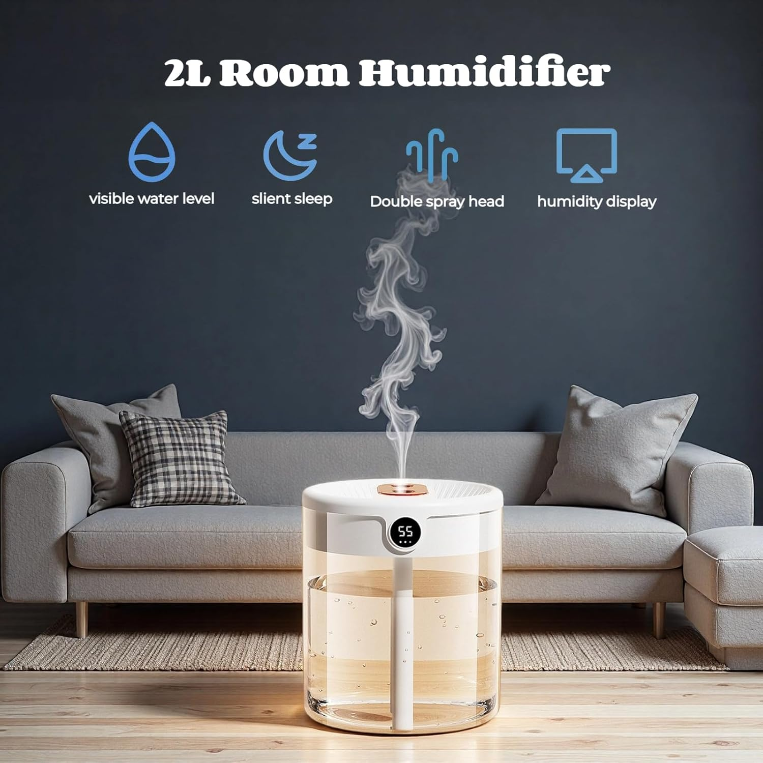 Humidifiers for Bedroom, 2L Cool Mist Humidifier with Humidity Display & Night Light, Ultra Quiet, Easy to Fill and Clean, Visible Water Tank, for Home, Office, Baby Nursery, Plants image number 5