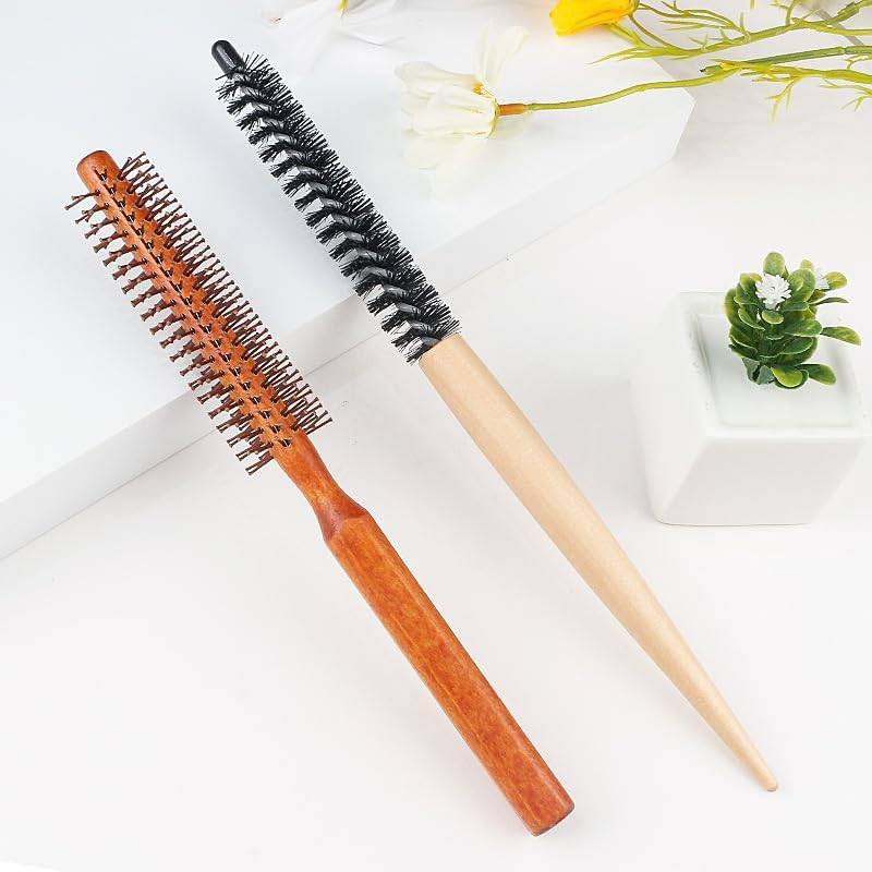 Liyquint 2 Pack Small round Hair Brush Set, Mini Nylon Bristle Curl Brushes for Thin Short Hair & Bangs Styling, Portable Blow Drying Roller Combs for Lifting and Volume, Unisex Design (Brown) image number 6