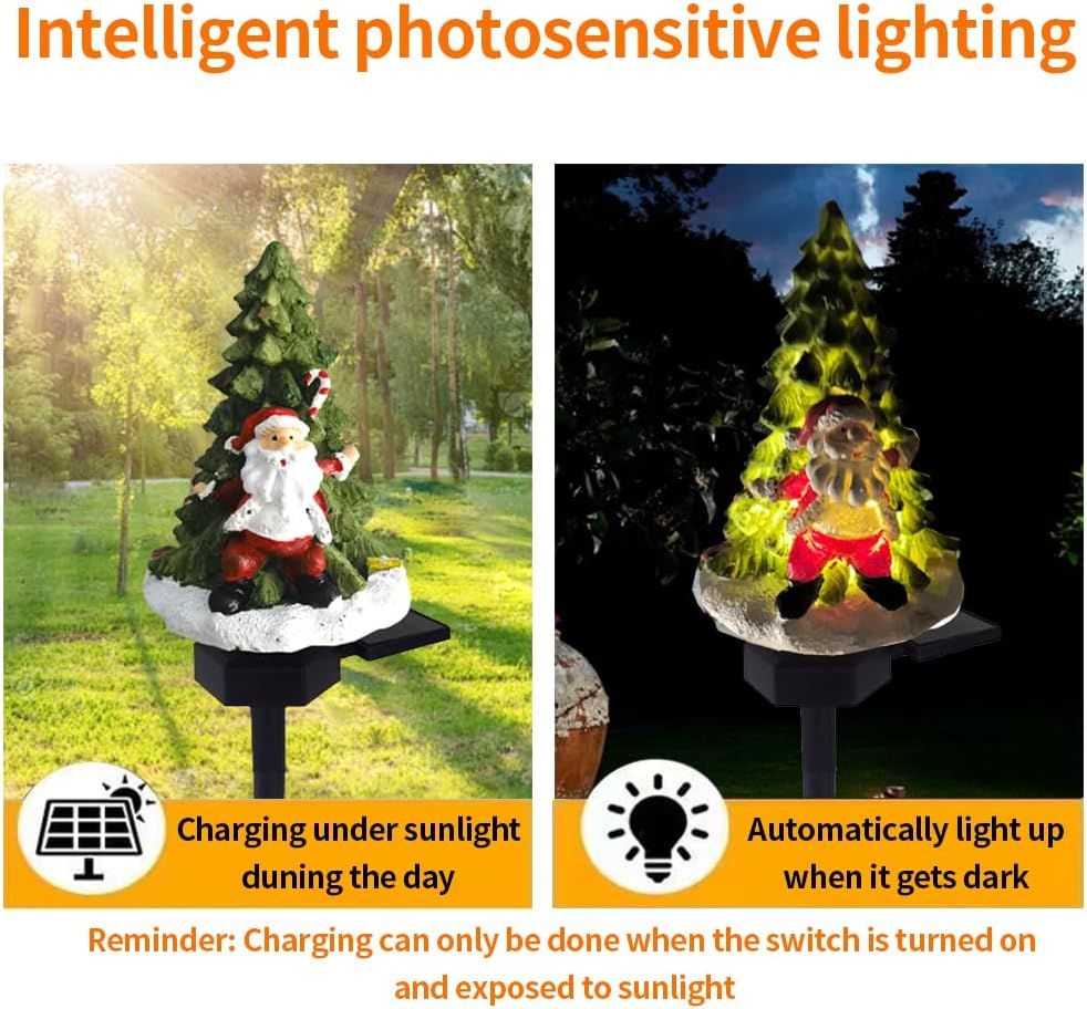 YZYOE LED Solar Santa Claus and Tree Floor Lamp, Christmas Outdoor Atmosphere Decoration Resin Light, Cute Elderly and Tree Courtyard Warm Lights. image number 2