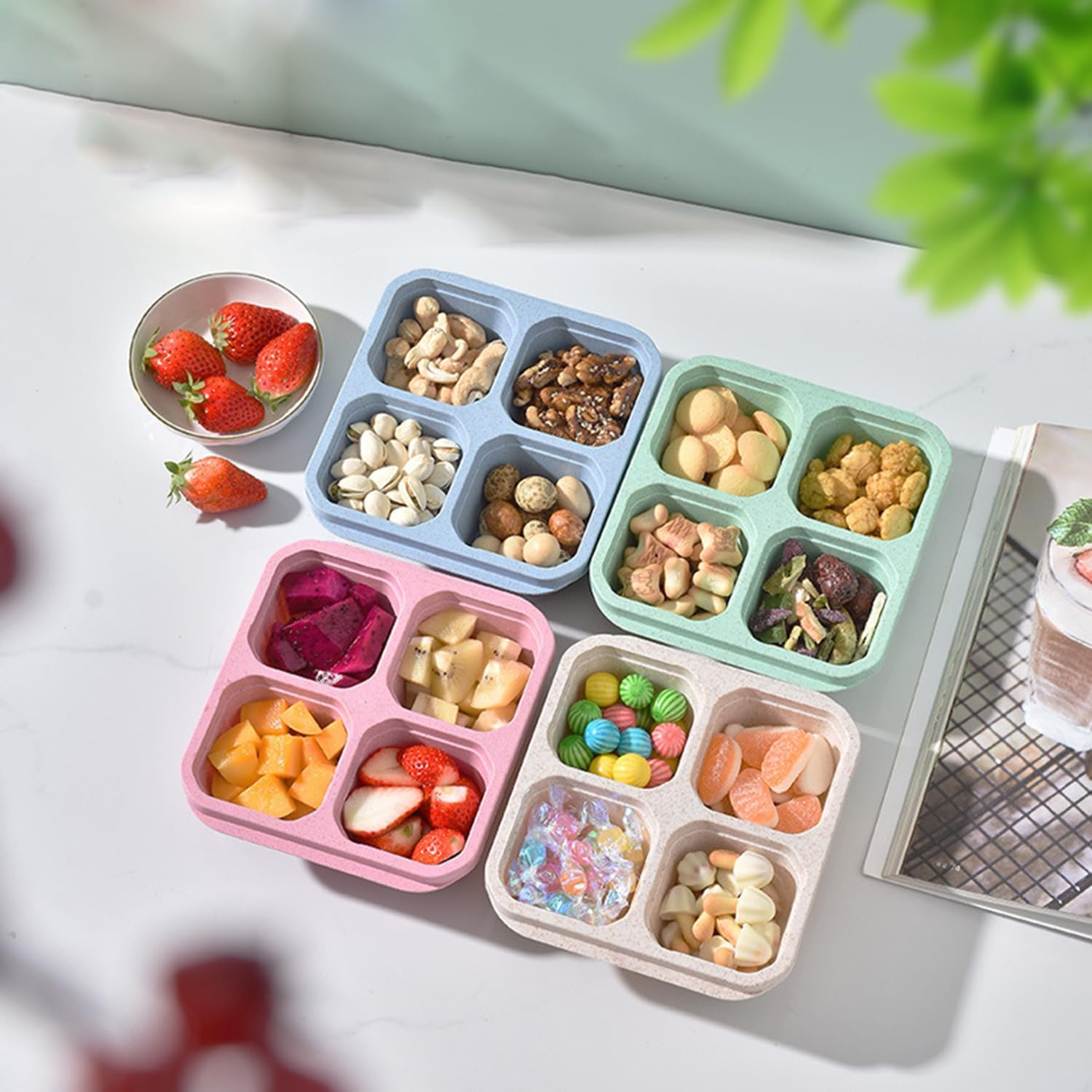 5 Pack Snack Containers, Reusable Bento Snack Box, 4 Compartments Meal Prep Lunch Containers for Kids and Adults, Divided Food Storage Containers for School Work Travel image number 1
