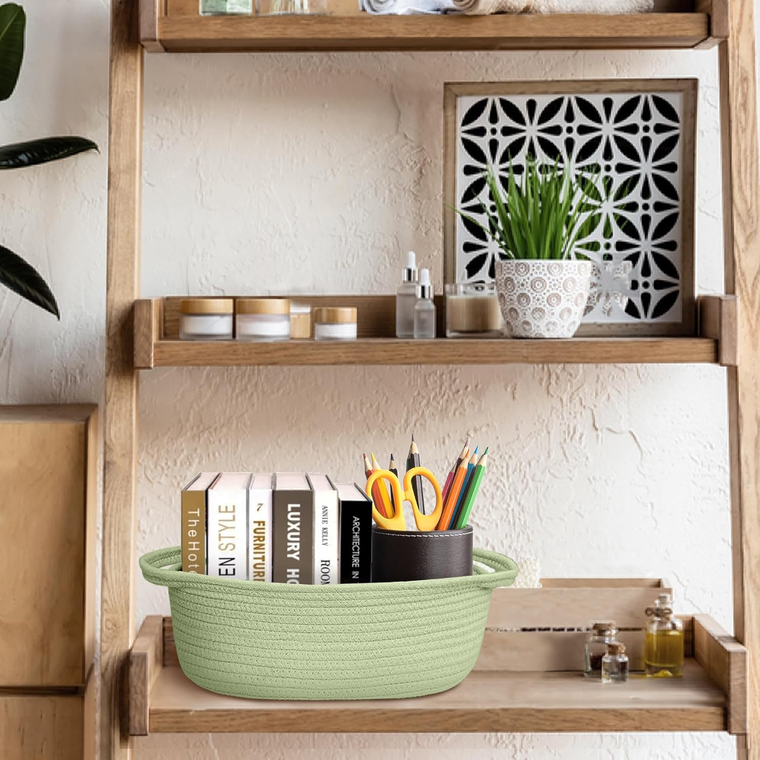 Small Woven Gift Basket, Baskets for Gifts Empty, Cotton Rope Cat Dog Toy Bin Box, Nursery Baby Basket, Wicker Basket with Handles, Shelf Storage Basket for Home Decor, Green, 12"X 8"X 5" image number 1