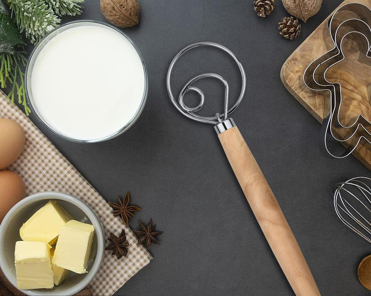 DS. DISTINCTIVE STYLE Danish Dough Whisk 13 Inch 304 Stainless Steel Sourdough Bread Whisk Wooden Handle Bread Whisking Tool, Dough Mixer for Baking Bread, Eggs and Peanut Butter image number 5