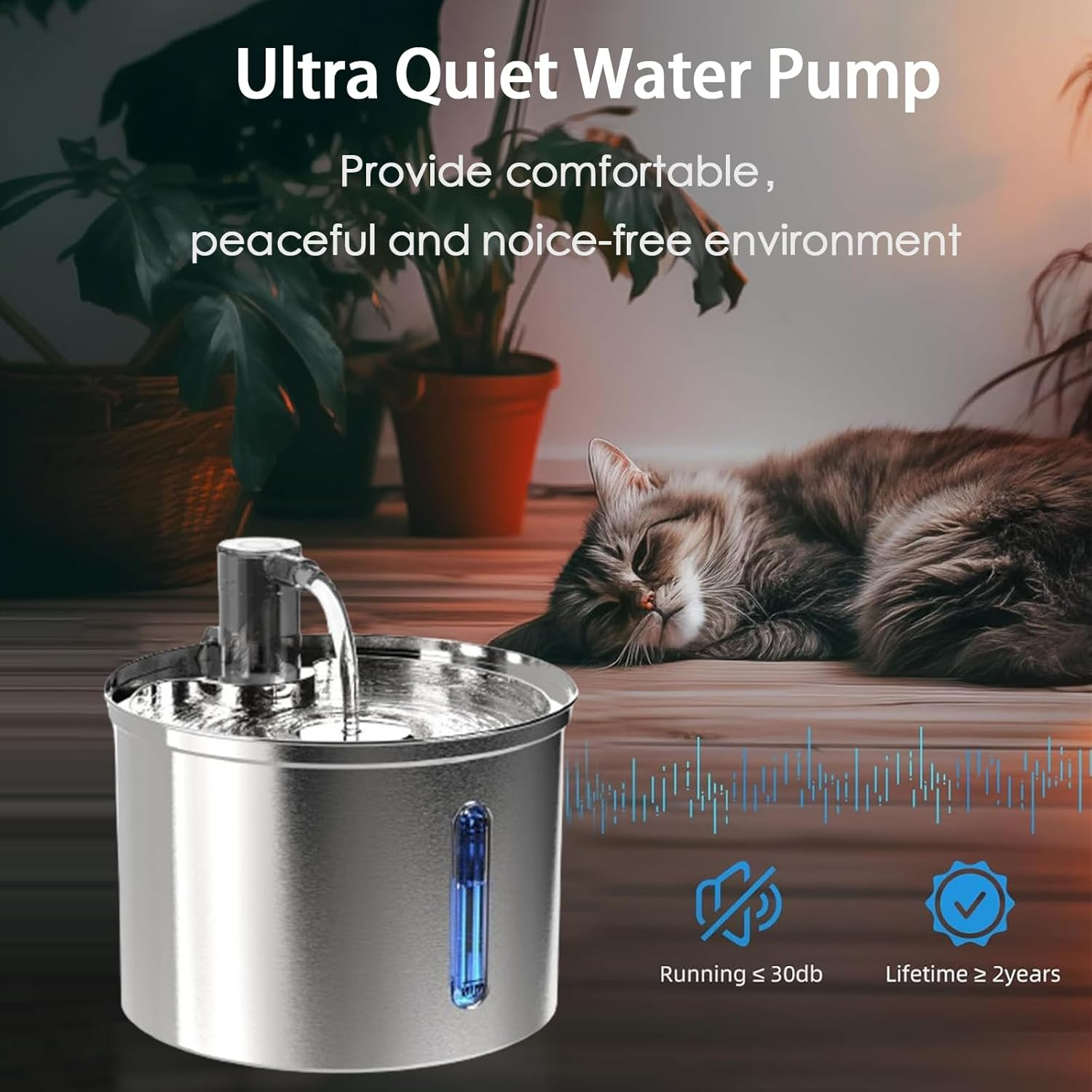 Cat Water Fountain Stainless Steel: 3L Pet Fountain Water Bowl Dog Drinking Dispenser, Cat Feeding & Watering Supplies, Animal Metal Kitty Spout for Cats inside with Replacement Filters, Silver image number 3