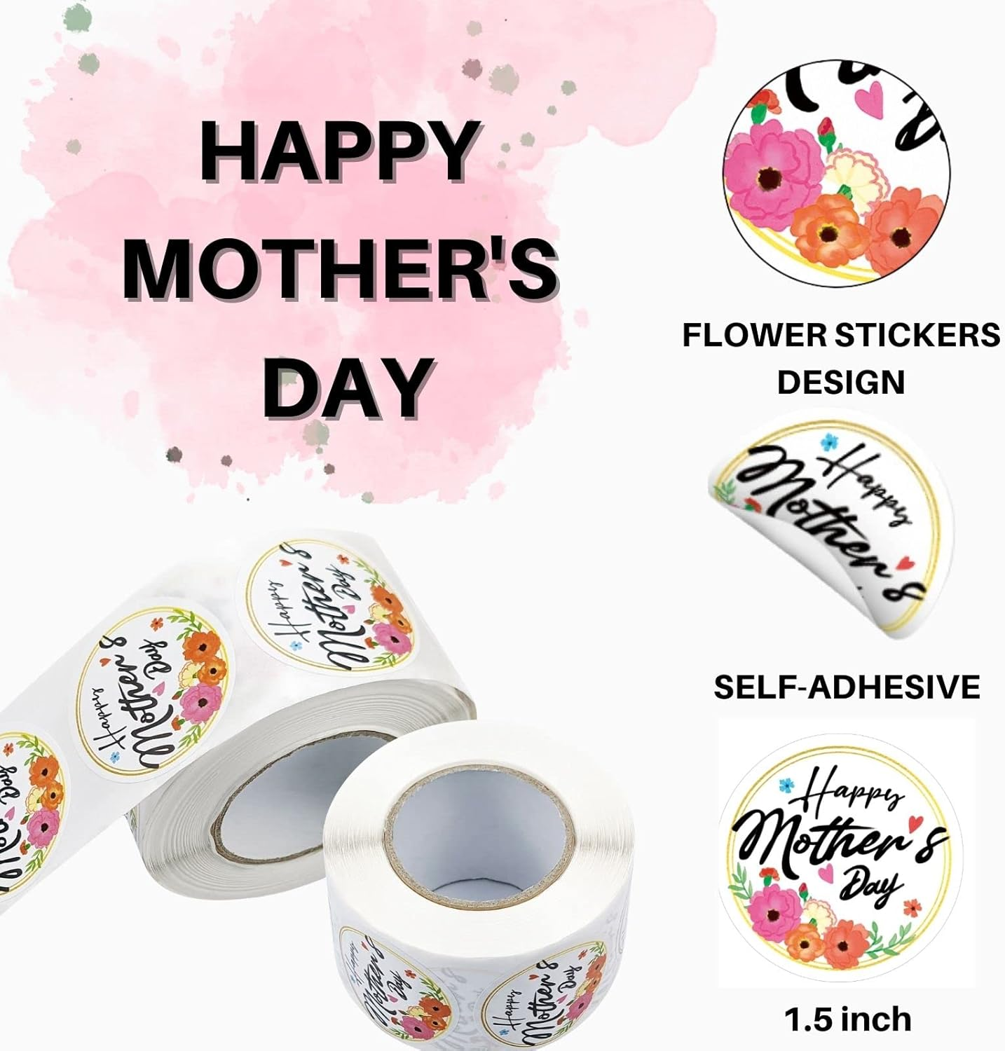 Happy Mother'S Day Label Stickers Roll，1.5 Inch 500 Pcs Love Heart Mothers Day Stickers, Gift Tag Stickers for Envelope Seals Party Gift Favors Box Cards Decorations image number 2