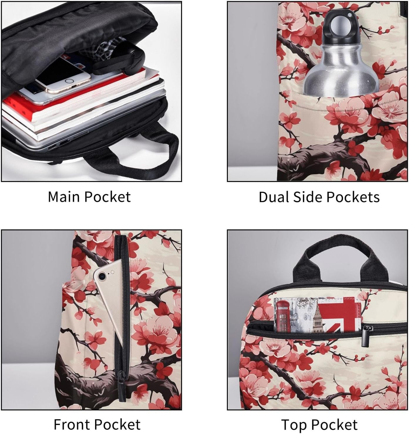 JHLMN Backpack Japanese Floral Cherry Blossom Travel Casual Laptop Backpack Adjustable Hiking Daypack for Men Women - Blue Flame image number 4