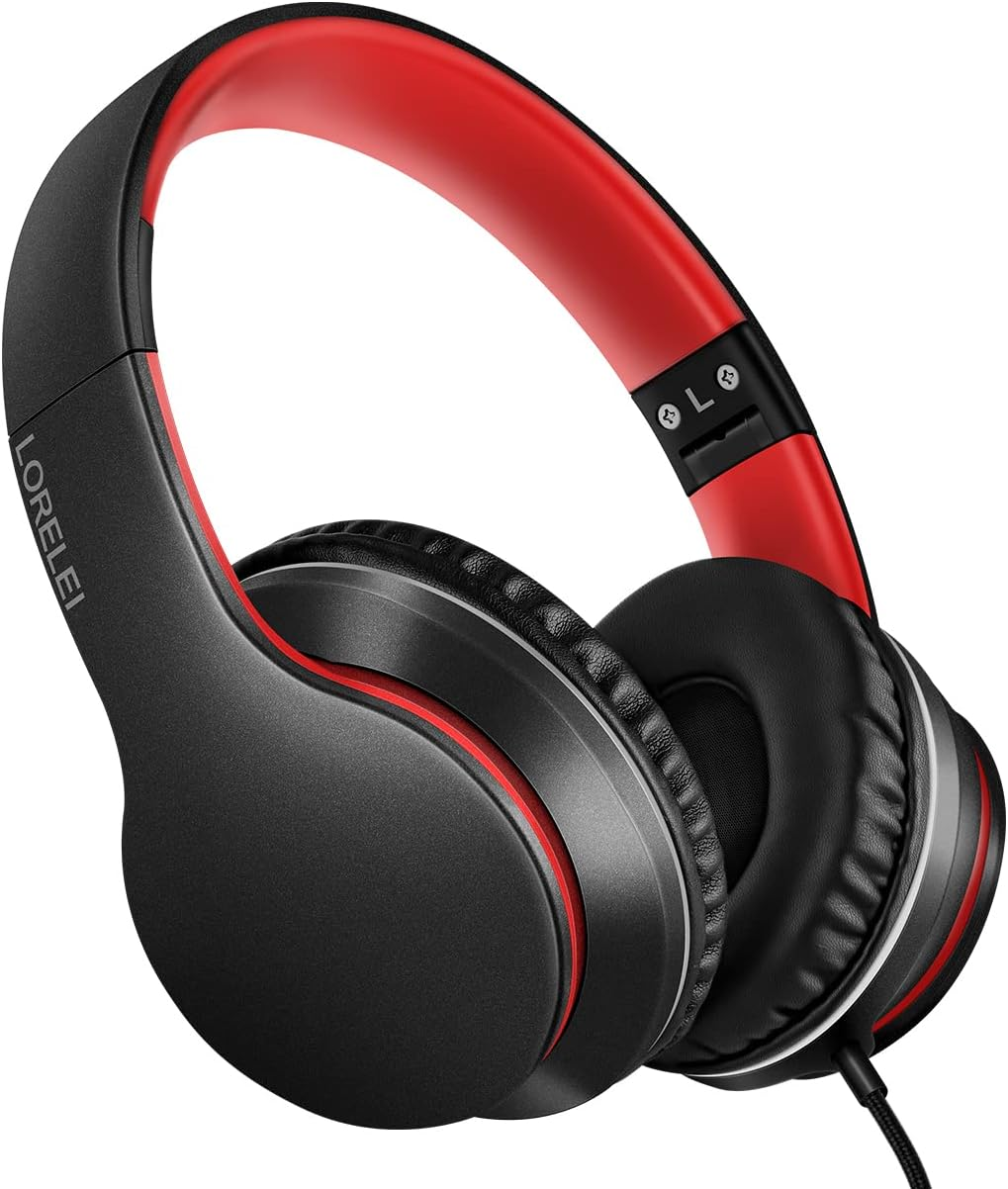 Lorelei X6 Over-Ear Headphones with Microphone, Lightweight Foldable & Portable Stereo Bass Headphones with 1.45M No-Tangle,Wired Headphones for Smartphone Tablet MP3 / 4 (Black-Red) image number 4