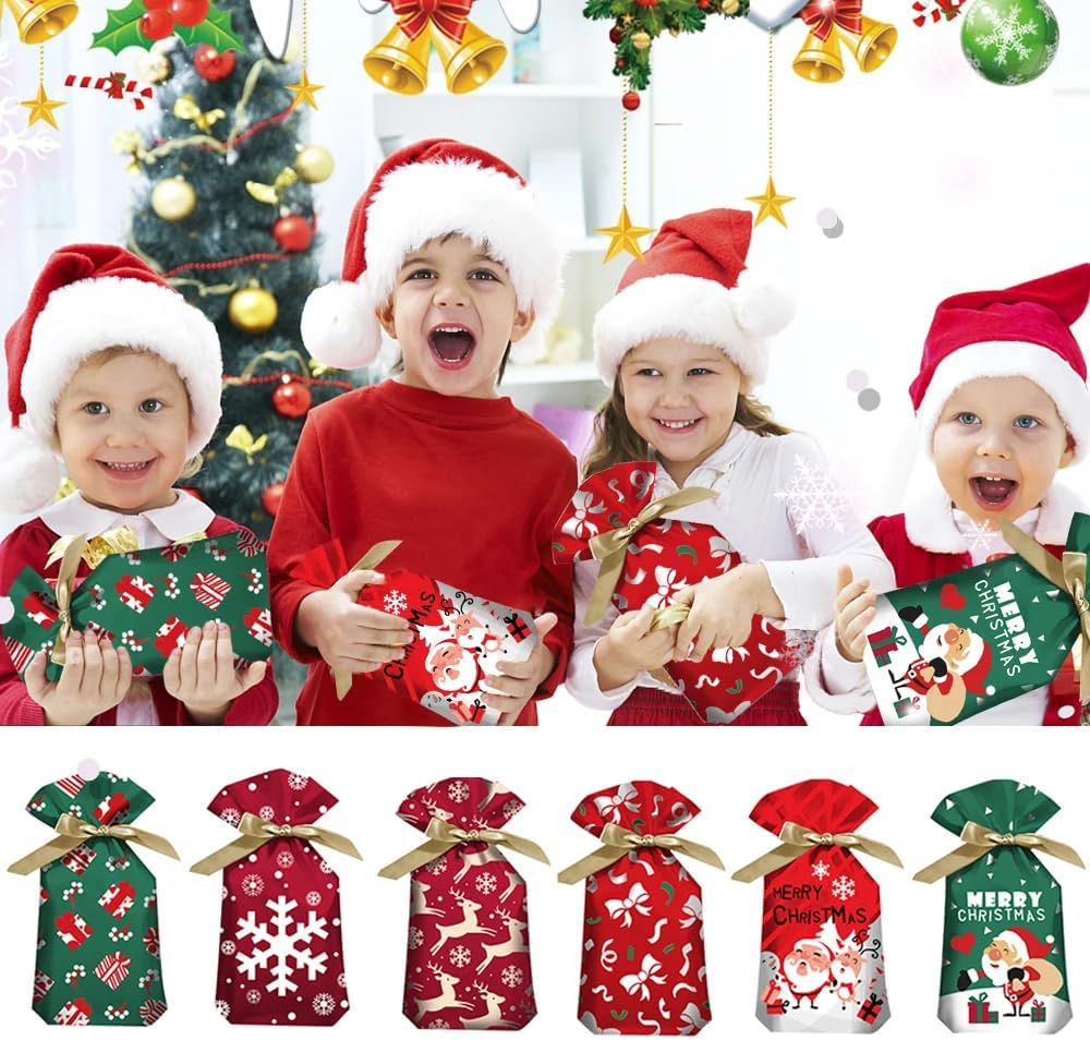 Dorischen 2024 Christmas Candy Bag with Drawstring Plastic Party Favor Bags Santa Gift Bag Christmas Decoration for Home Snowflake Noel Present Bag Christmas Wrap Holders New Year 24 PCS image number 6