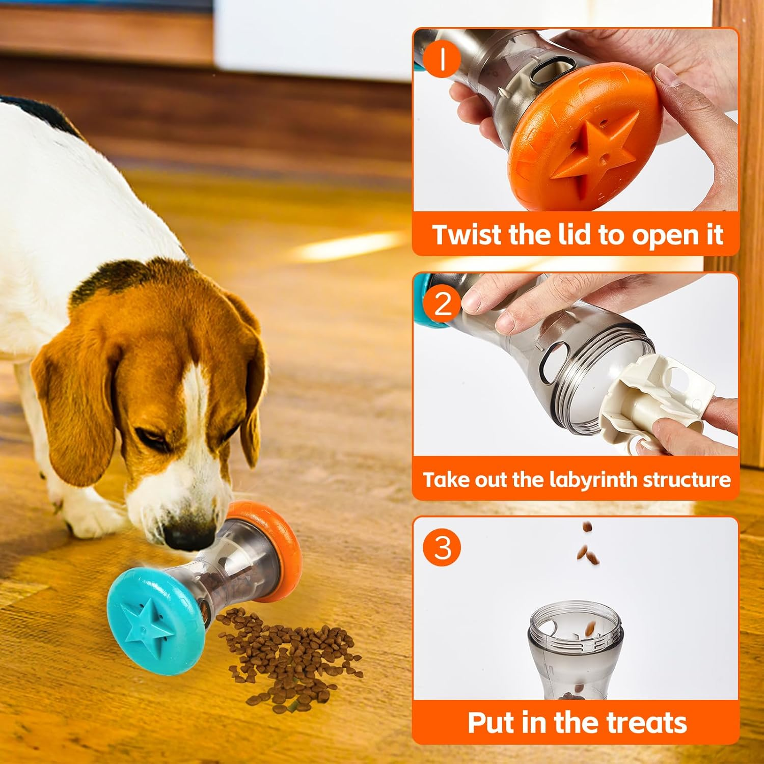 AUSCAT Dog Treat Dispensing Toy, Interactive Puzzle Toys for Small and Medium Breeds, Slow Feeder, Dog Enrichment Toys to Keep Them Busy, Blue Orange(Not for Aggressive Chewers) image number 4