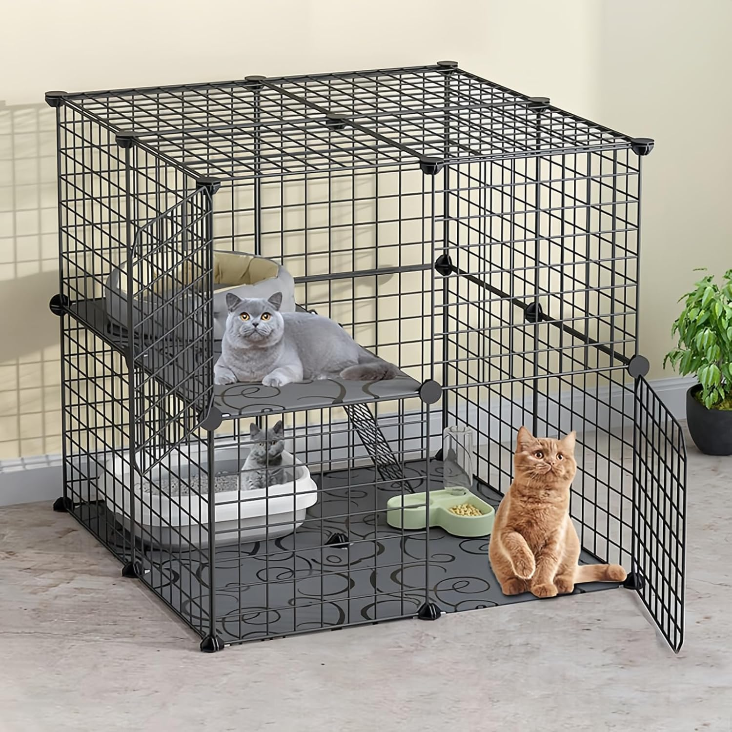2-Tier Cat Cage, DIY Metal Wire Cat Cage Playpen with Ladder, Indoor DIY Kennels Crate, Removable Cat House, Crate Exercise Place(Black) image number 1